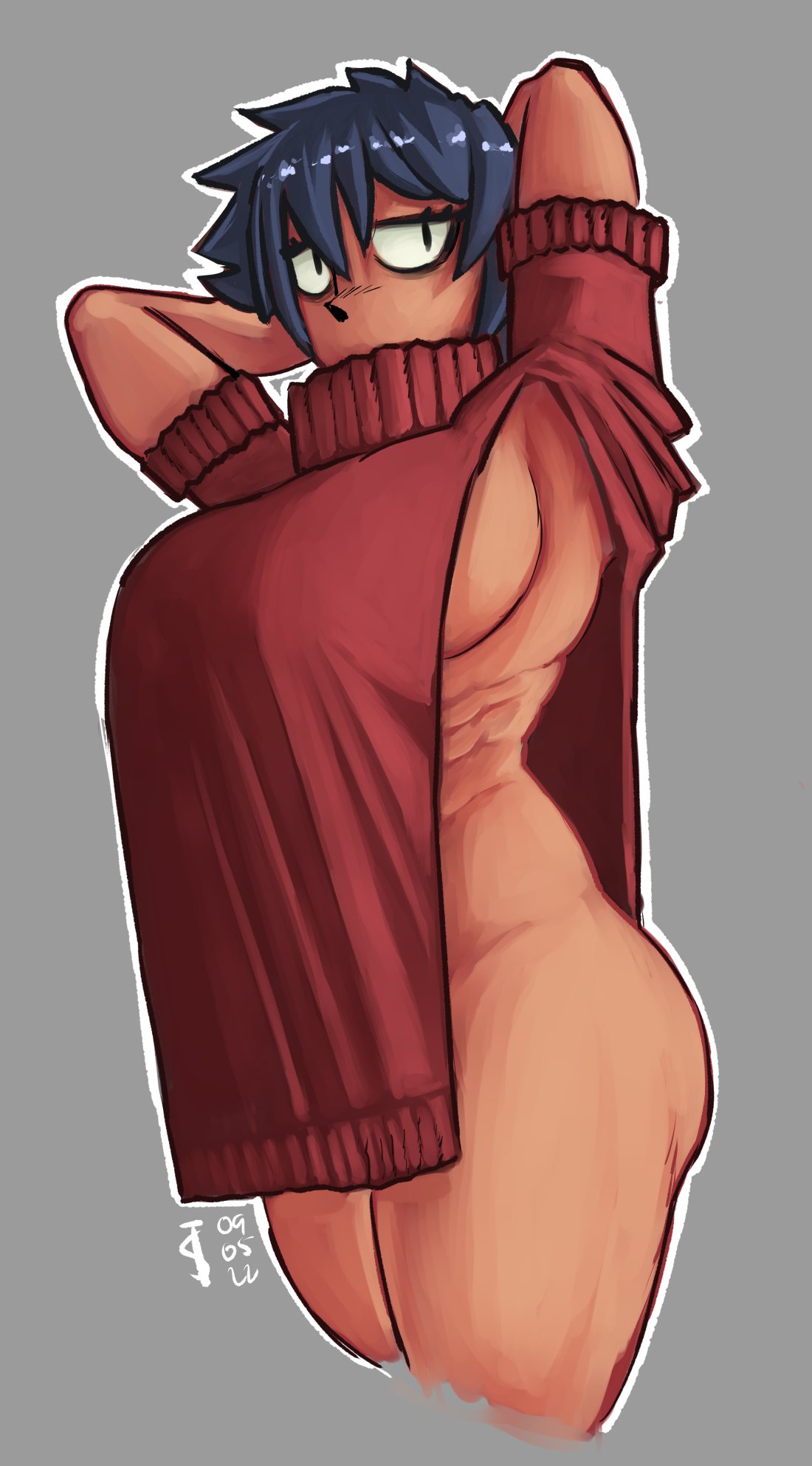 abs, ass, big ass, big breasts, breasts, cute, dark skin, dark-skinned female, female, original, original character, short hair, spiky hair, sweater, thick thighs, tomboy, tomboy sama
