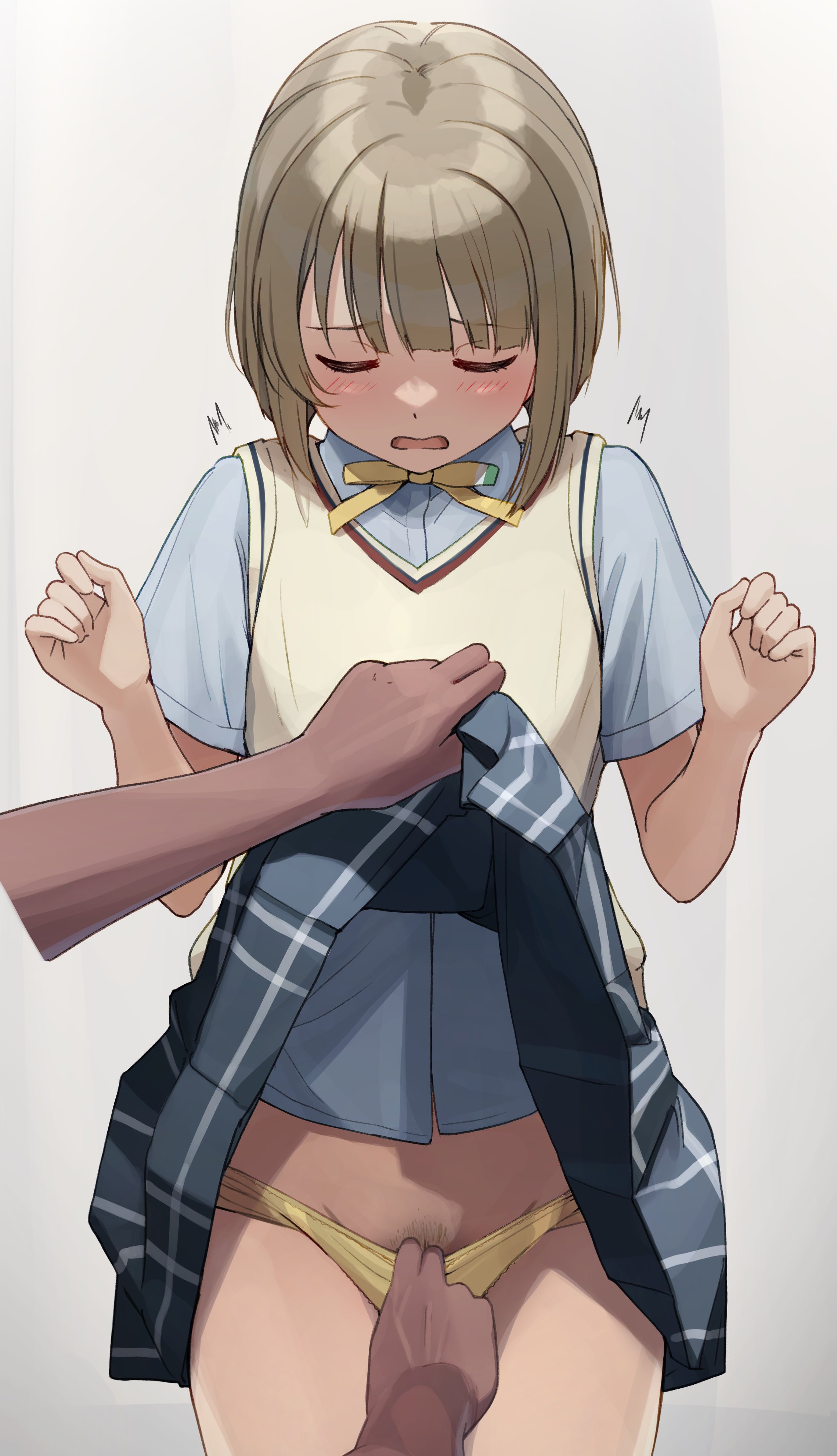 koorinotatahot, love live!, love live! nijigasaki high school idol club, nakasu kasumi, open mouth, pantyshot, pubic hair, school uniform, short hair, skirt pull, skirt up, touching hair, tremble lines, tummy