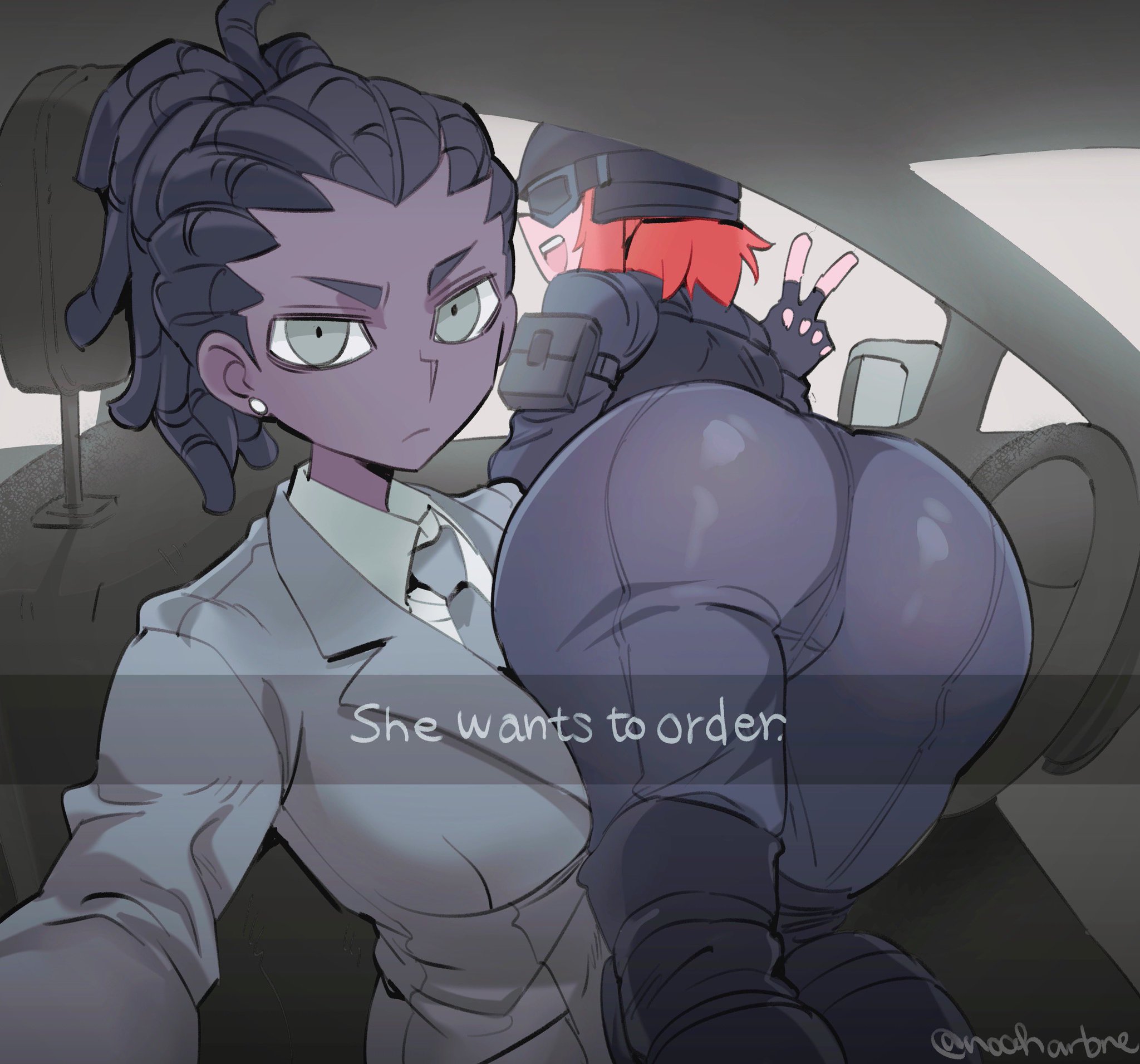 2girls, ass, bent over, dark skin, emotionless, expressionless, female, female only, green eyes, he wants to order, helltaker, meme, noaharbre, police, police uniform, policewoman (helltaker)