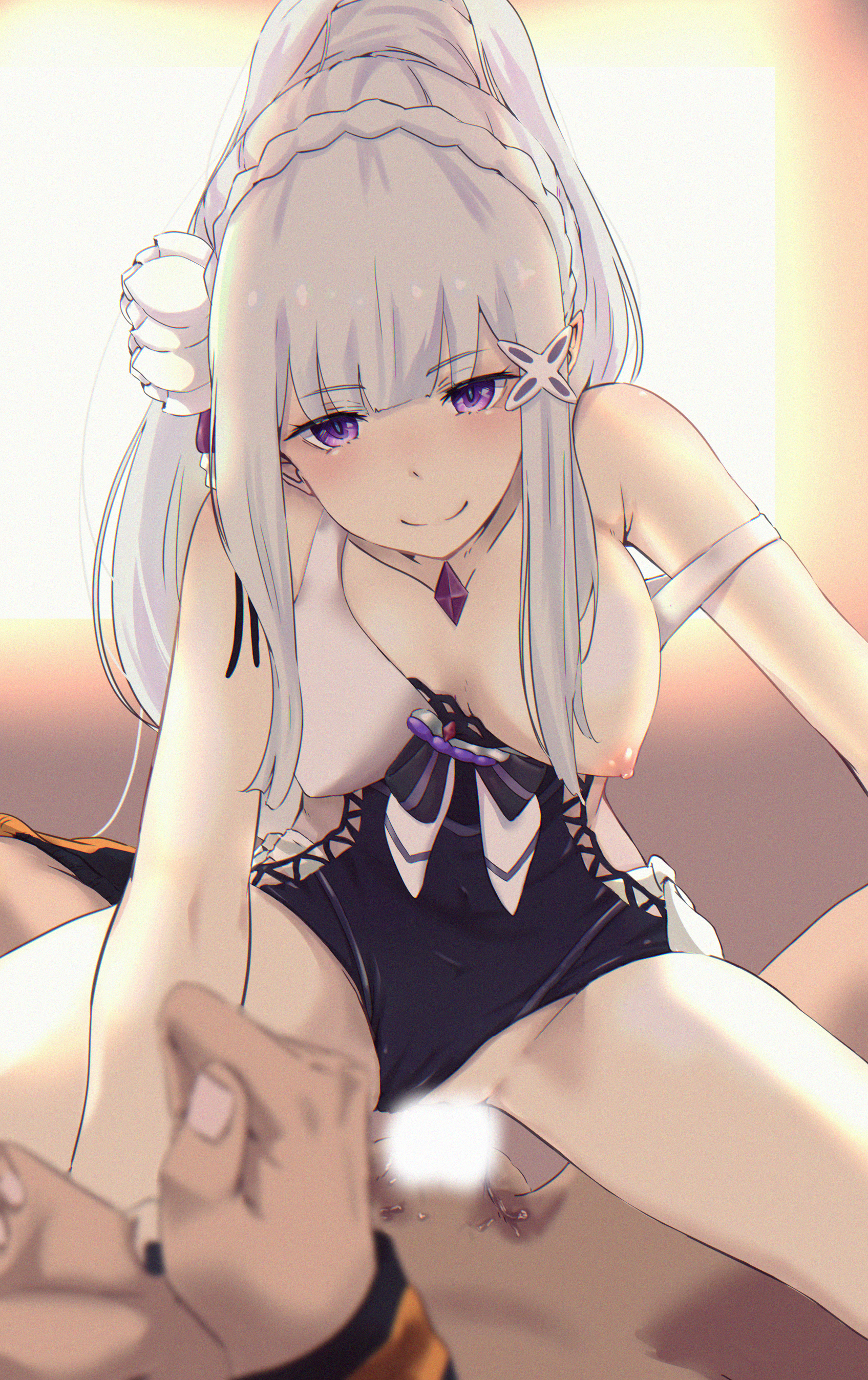 1boy, 1girls, absurdres, assertive female, bound, breasts, censored, cowgirl position, emilia (re:zero), female, femdom, highres, large breasts, male, natsuki subaru, rape, re:zero kara hajimeru isekai seikatsu, reverse rape, seductive smile, sex, smile, smug, smug smile, straight, swimsuit, thick thighs, thighs, tied up