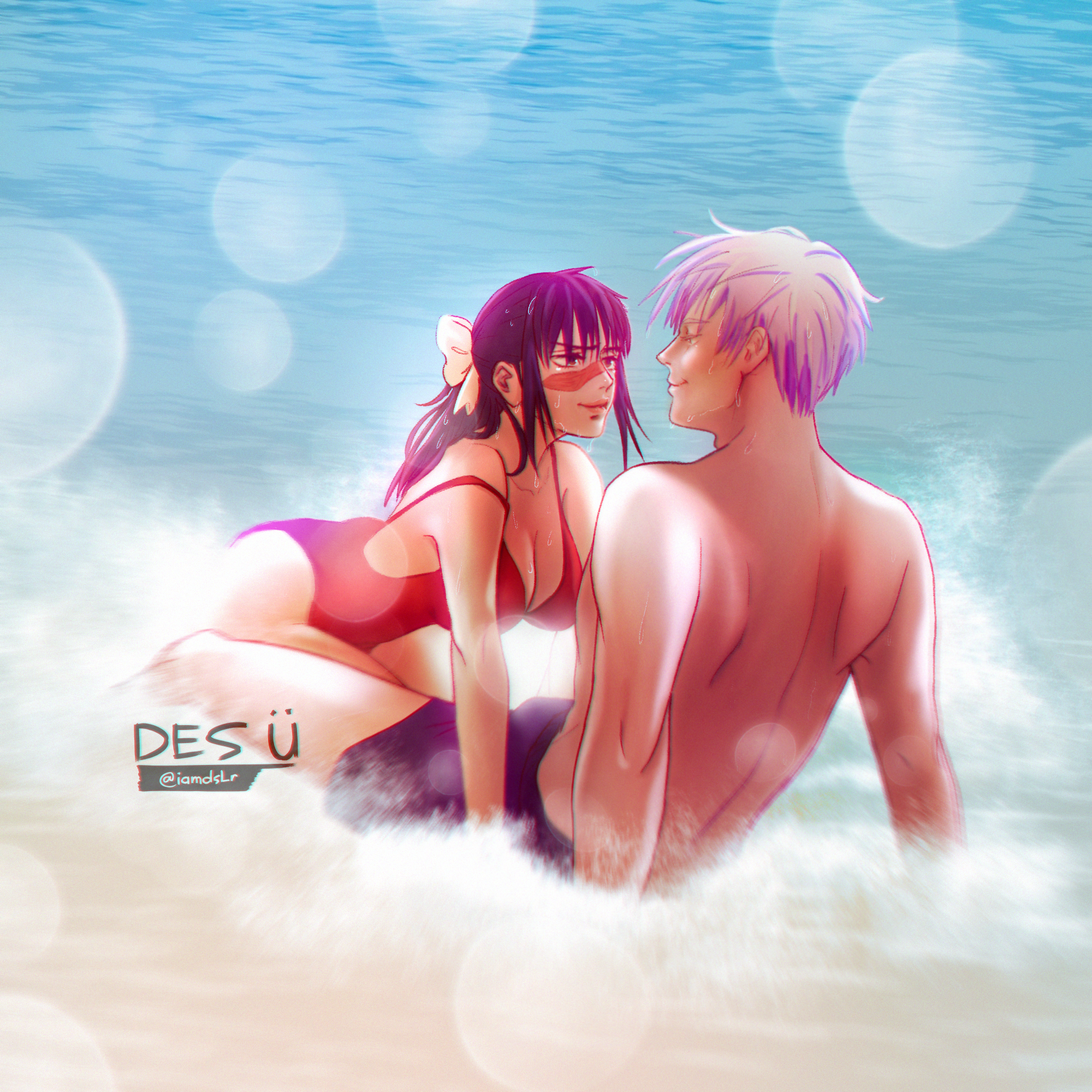 1boy, 1girls, beach, bent forward, bigger male, breasts, busty, cleavage, face to face, female, in water, jujutsu kaisen, larger male, leaning forward, male, male/female, ocean, on all fours, one piece swimsuit, red swimsuit, satoru gojo, scar, sea, seaside, shirtless male, size difference, smaller female, straight, suggestive, summer, swimsuit, tight clothing, utahime iori, water, waves, wet, wet hair