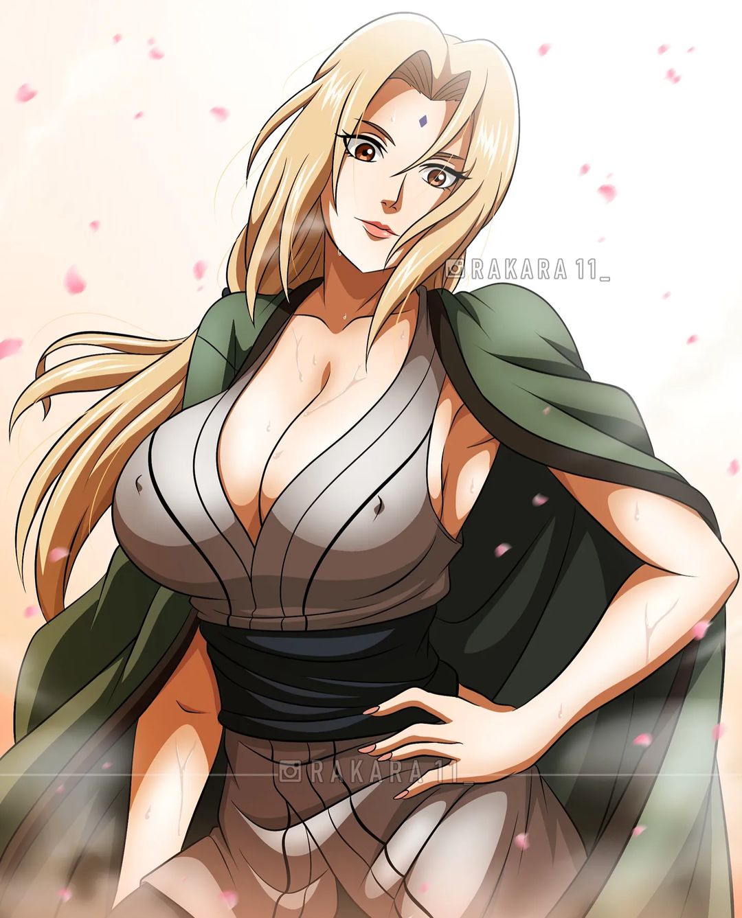 1girls, blonde hair, blonde-haired female, breasts, brown eyes, busty, clothes, covered erect nipples, erect nipples, erect nipples under clothes, facial mark, female, female focus, highres, large breasts, long hair, looking at viewer, mature, mature female, naruto, naruto (series), naruto shippuden, nipples, no bra, rakara11, smile, solo, sweat, tsunade, twintails