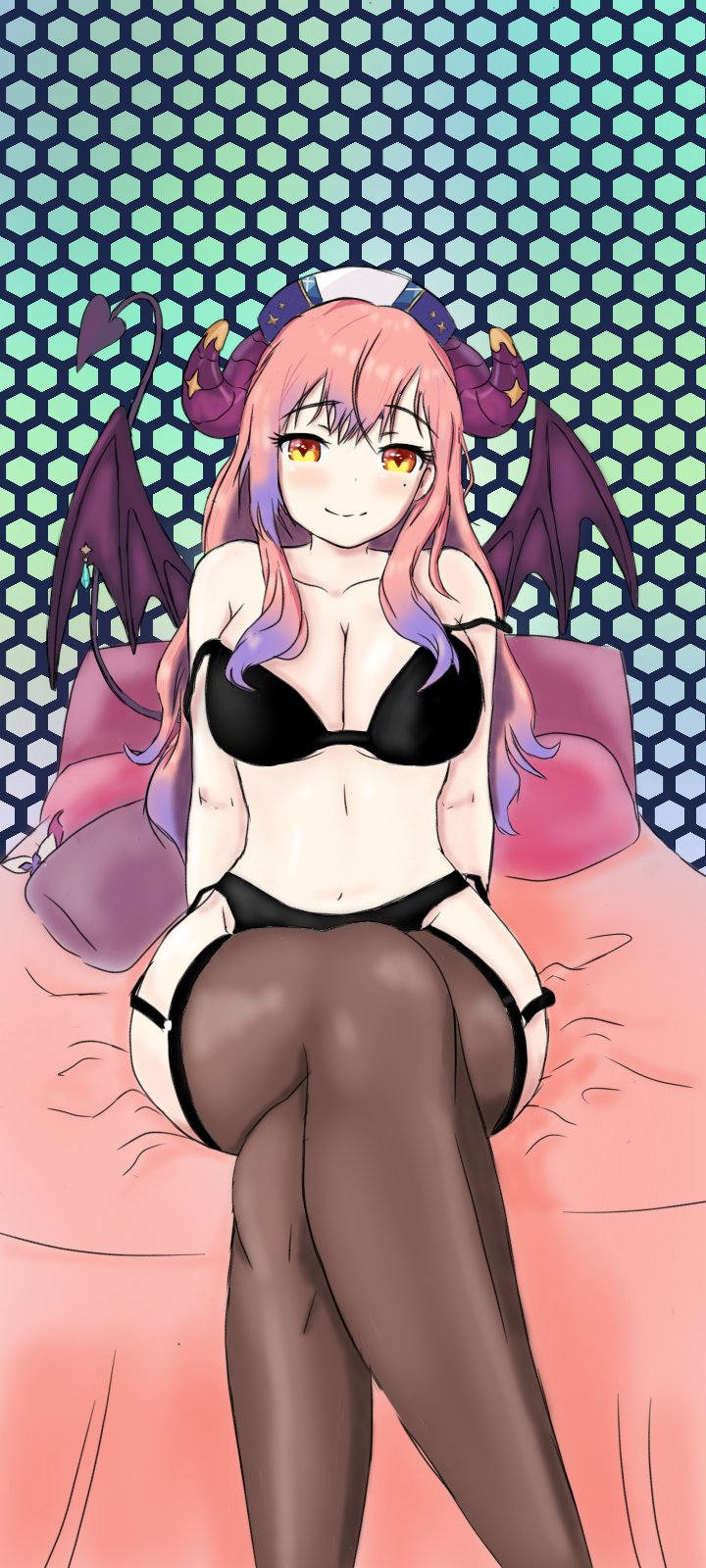 1girls black_bra black_thong bra breasts demon demon_girl gabriel-ia-oficial horn kurari_rose light-skinned_female light_skin looking_at_viewer pink_hair smile smiling smiling_at_viewer thighs thong two_tone_hair virtual_youtuber wactor wactor_production