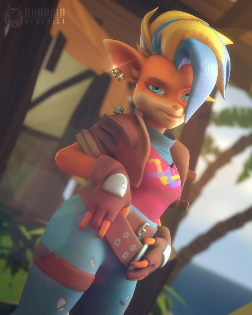 3d 3d_(artwork) activision anthro ass bandicoot blender blender_(software) blender_cycles blonde_hair blue_eyes blue_hair breasts clothed crash_(series) daruma_hedonist ear_piercing earrings female furry genitals green_eyes highres humanoid_pointy_ears jacket jeans large_breasts looking_at_viewer mammal marsupial model model_release mohawk mutant navel nipples piercing pirate_tawna punk_girl rodent small_waist solo tawna_bandicoot tawna_bandicoot_(crash_4) tawny_otter thick_thighs thigh_clothes topwear two_tone_hair wide_hips