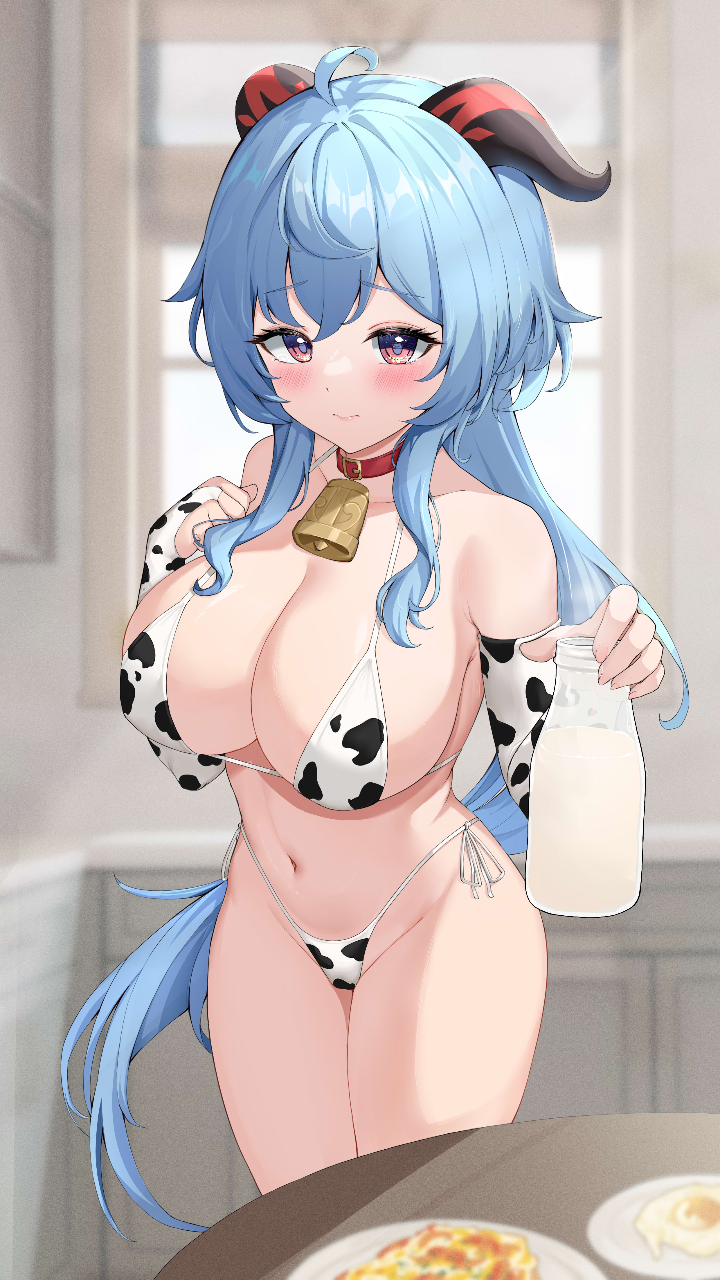 1girls, absurd res, bikini, blush, breakfast, breasts, busty, cleavage, cow bikini, cow girl, cow print, cowbell, curvy, cute, female, ganyu (genshin impact), genshin impact, goat, goat horns, hi res, highres, horn, large breasts, looking at viewer, milk, milk bottle, shy, voluptuous