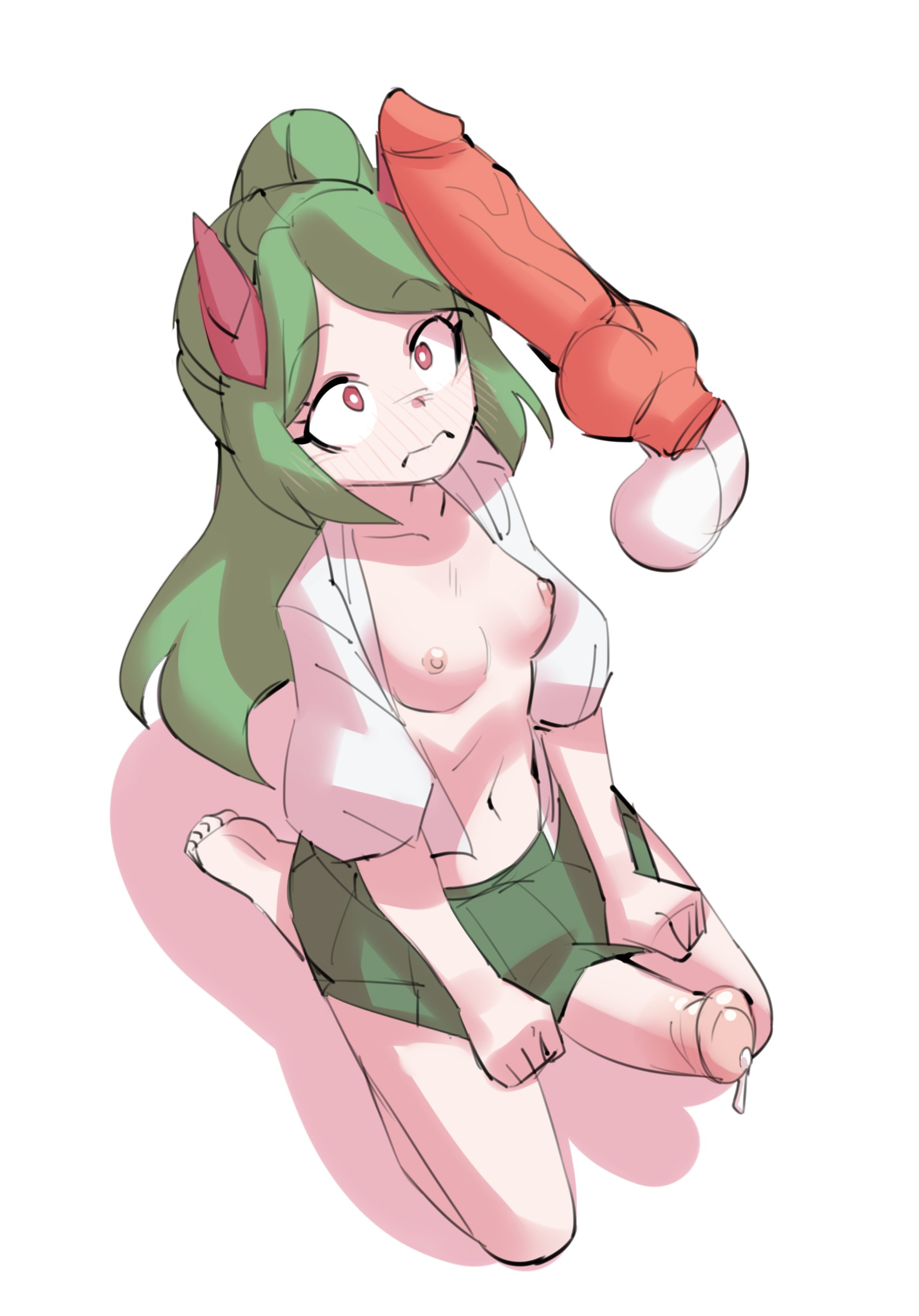 1futa, 2022, 3:, animal genitalia on humanoid, animal penis, areolae, borvar, breasts, canine penis, character request, clothed, clothing, disembodied penis, erection, erection under skirt, futa only, futanari, green hair, horsecock, horsecock on humanoid, huge cock, human, intersex, kneeling, light skin, light-skinned futa, medium breasts, mostly nude, nervous, nipples, original, original character, penis, penis awe, red eyes, seiza, skirt, skirt pull, solo