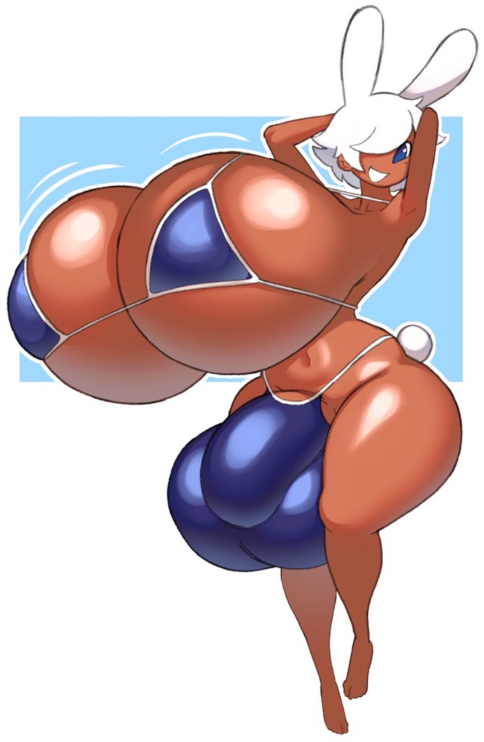 2022, angstrom, animal ears, balls, bikini, blue eyes, breasts, bulge, bunny ears, bunny tail, clothed, clothing, flaccid, futanari, huge hips, humanoid, humanoid penis, hyper, hyper balls, hyper breasts, hyper bulge, hyper penis, intersex, kemonomimi, male, mostly nude, oc, penis, short hair, solo, standing, thick thighs, white hair, wide hips