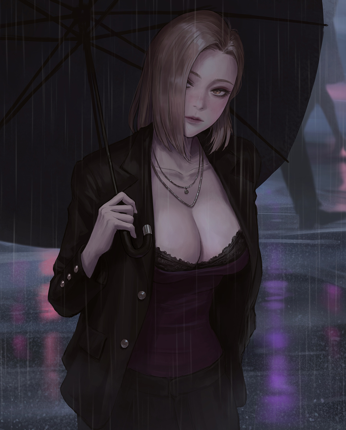 1girls, black bra, blazer, blonde hair, blush, bra, breasts, cleavage, cutout, female, female only, jewelry, neckline, nuker, nuker (nukerdraws), rain, short hair, umbrella, white skin, yellow eyes