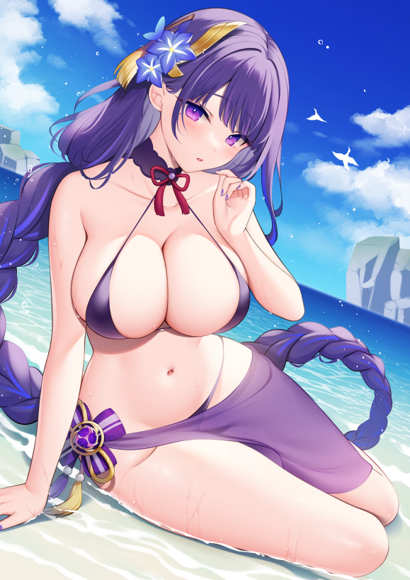 bangs beach bikini blue_sky braid braided_ponytail breasts collarbone female genshin_impact hair_ornament large_breasts long_hair looking_at_viewer miko_(royal_milk) mole mole_under_eye navel nipples ocean purple_eyes purple_hair raiden_shogun sarong shore sky smile solo swimsuit thighs very_long_hair vision_(genshin_impact)