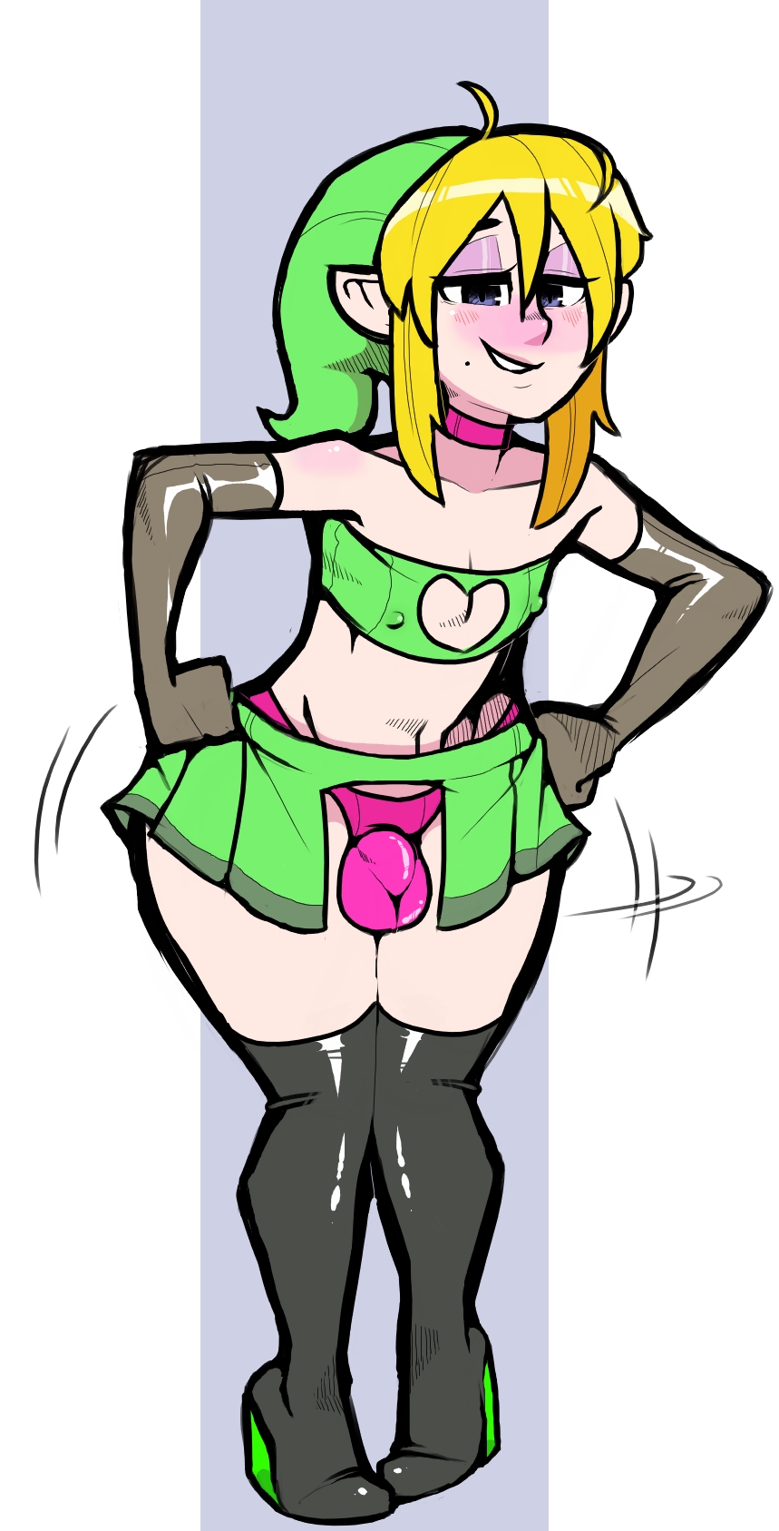 1boy, 2022, balls, black boots, blonde hair, boots, bulge, clothed, clothing, crossdressing, elbow gloves, femboy, flaccid, girly, gloves, half-closed eyes, high heel boots, humanoid, knees together feet apart, latex gloves, light skin, light-skinned femboy, light-skinned male, link, male, male only, mostly nude, panties, penis, penis in panties, pointy ears, poweradepriest, solo, standing, the legend of zelda, thick thighs, thigh boots, thighhighs, wide hips