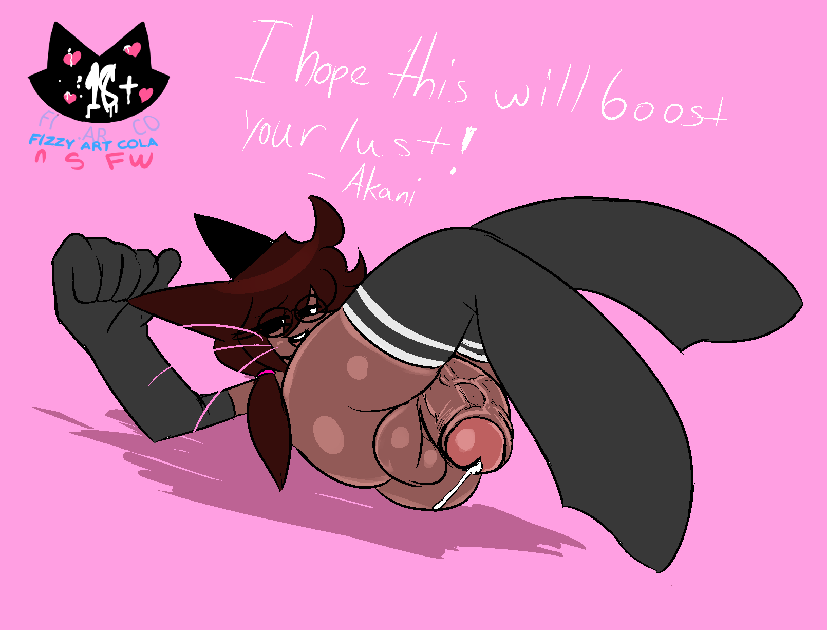 1boy 2022 akani_(fizzyinkcolansfw) animal_ears balls big_balls big_hands black_sclera cat_ears catboy cock-tail dark-skinned_femboy dark_skin dialogue elbow_gloves english_text femboy fizzyinkcolansfw glasses gloves huge_cock humanoid humanoid_penis hung_trap kemonomimi looking_back male male_only nude on_back original_character penis precum red_hair short_hair solo text thick_thighs thighhighs wide_hips