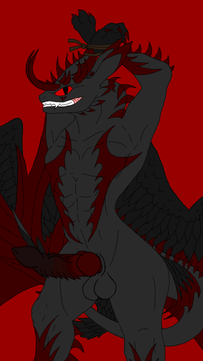 angel_(oc) balls big_penis black_feathers bondage demon_dragon dragon horns muscular night_fury red_eyes smile_at_viewer wings