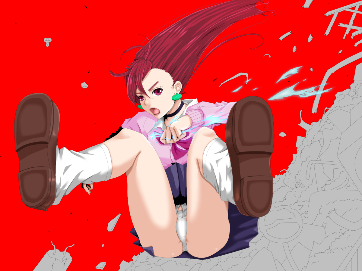 ayase momo, dandadan, ear ring, female, female only, gyaru, kneehighs, kogal, light skin, light-skinned female, looking at viewer, loose socks, open mouth, pale skin, pale-skinned female, panties, pink hair, red eyes, red hair, school uniform, shibafu cement, showing panties, socks, solo, solo female, spread legs, upskirt, white panties, white socks