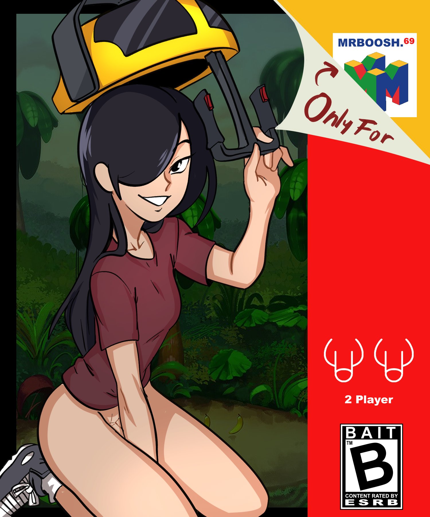 1futa, 2022, black hair, bottomless, breasts, clothed, clothing, comic, comic cover, english text, flaccid, futa only, futanari, hair over one eye, helmet, human, intersex, kneeling, light skin, light-skinned futa, long hair, looking at viewer, mrbooshmaster, original, partially clothed, penis, seiza, solo, text, willow (mrbooshmaster)