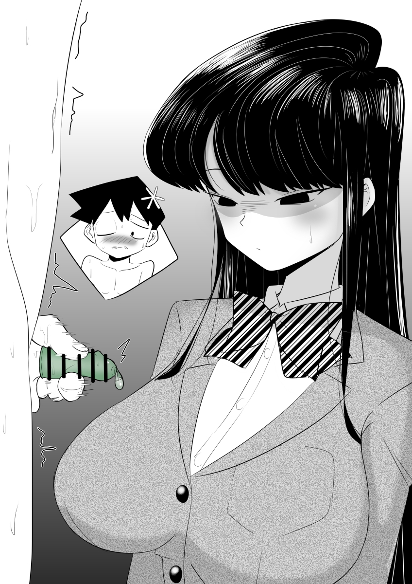 1boy 1girls asian black_hair censored condom condom_on_penis cuckold cuckold_masturbating cum cum_in_condom disgusted disgusted_expression disgusted_look huge_breasts komi-san_wa_komyushou_desu komi_shouko large_breasts looking_down masturbation netorare ntr small_penis small_penis_humiliation tadano_hitohito used_condom yamino_kuroko