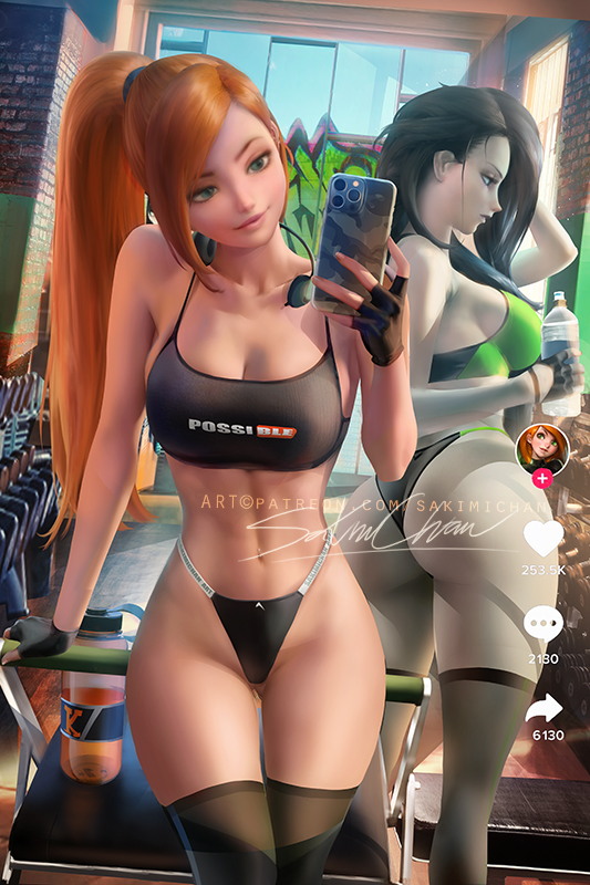 2022, 2girls, alternate version available, ass, black hair, breasts, disney, disney channel, female, female only, green eyes, green skin, gym, headphones, headphones around neck, hips, huge breasts, indoors, kim possible, kimberly ann possible, large ass, large breasts, long hair, orange hair, panties, realistic, sakimichan, selfie, shego, slim waist, smile, sports bra, sportswear, thick thighs, thighs, watermark, wide hips