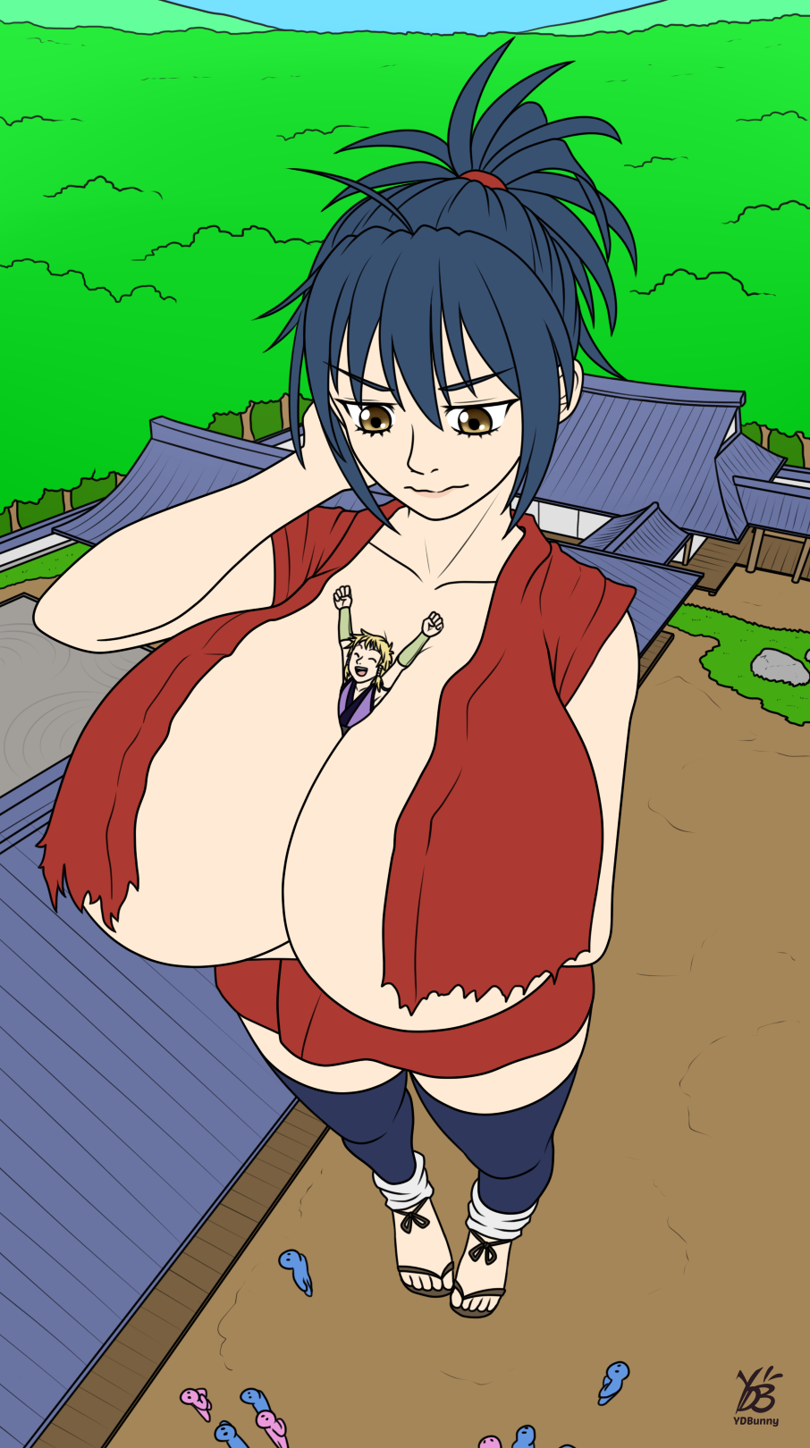 2022 big_breasts blue_hair breast_expansion breasts cleavage commission giantess huge_breasts implied_growth kaede_(manyuu_hikenchou) manyuu_chifusa manyuu_hikenchou no_bra tagme underboob ydbunny