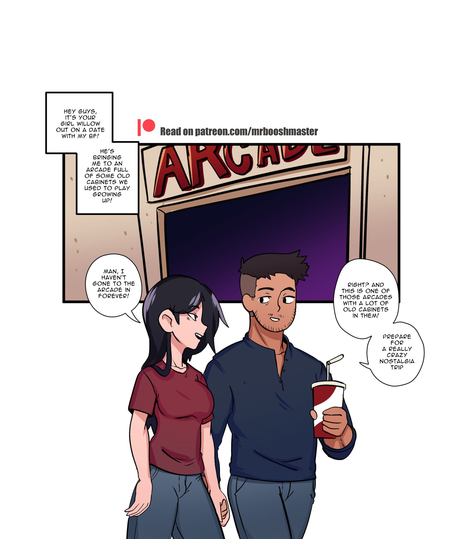 1boy, 1girls, 2022, arcade, black hair, clothed, clothing, comic, dark skin, dark-skinned male, dialogue, duo, english text, female, fully clothed, human, john (mrbooshmaster), light skin, light-skinned female, long hair, male, mrbooshmaster, original, short hair, standing, text, willow (mrbooshmaster)