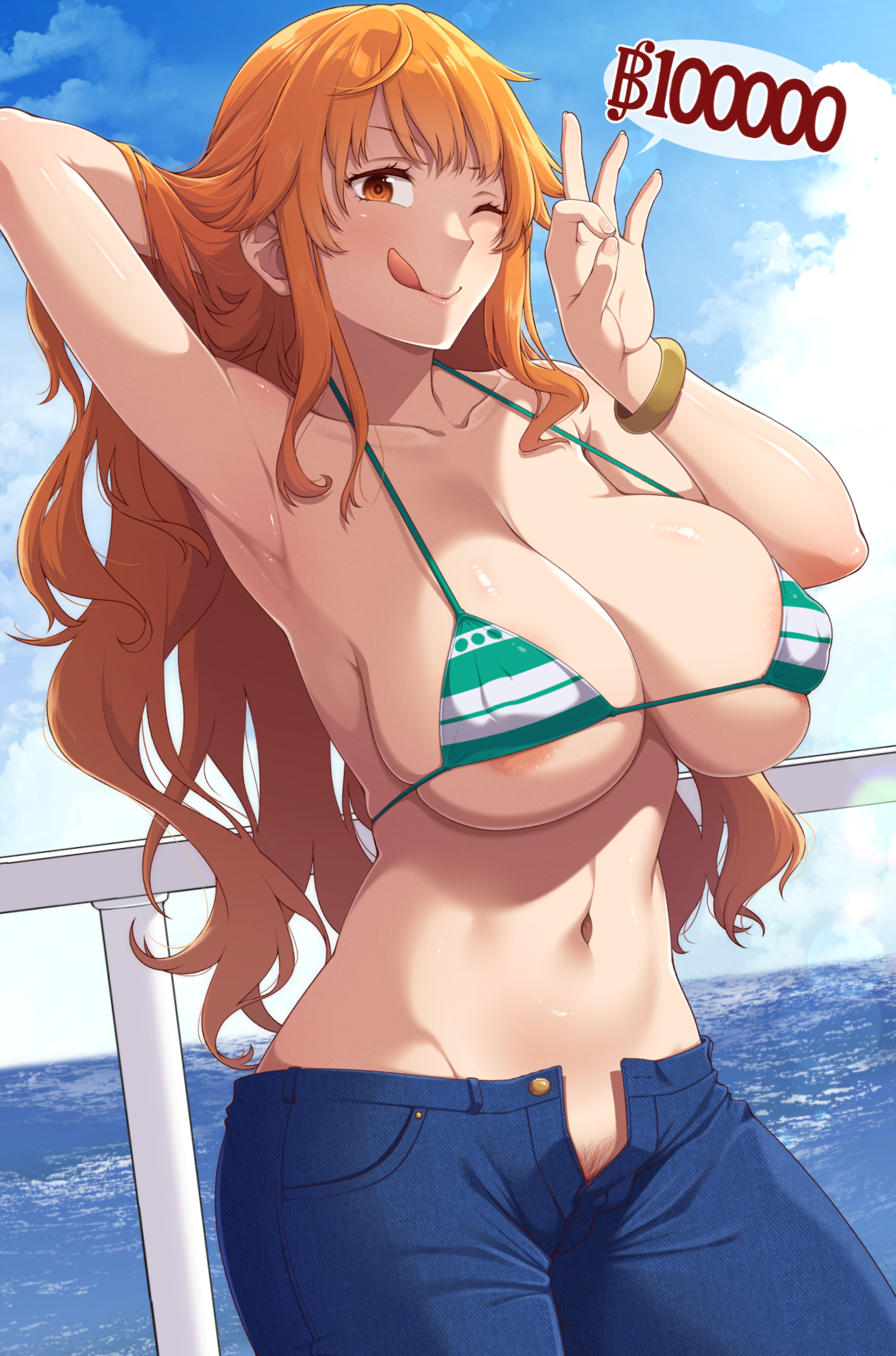 1girls, ao banana, areolae, big breasts, bikini, breasts, eye contact, female, female only, huge breasts, jeans, light skin, light-skinned female, long hair, looking at viewer, nami (one piece), one eye closed, one piece, orange eyes, orange hair, orange-haired female, pants, post-timeskip, pubes, pubic hair, pubic hair peek, solo, solo female, speech bubble, standing, striped bikini, text, unzipped pants