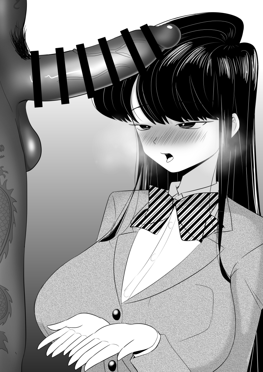 1boy, 1girls, asian, balls, black hair, breasts, catching cum, cock hungry, cock worship, dark skin, dark-skinned male, female, heart-shaped pupils, heavy blush, heavy breathing, horny, huge balls, huge breasts, huge cock, interracial, komi shouko, komi-san wa komyushou desu, light skin, male, penis, penis awe, tattoo, tattoos, tongue, tongue out, yamino kuroko