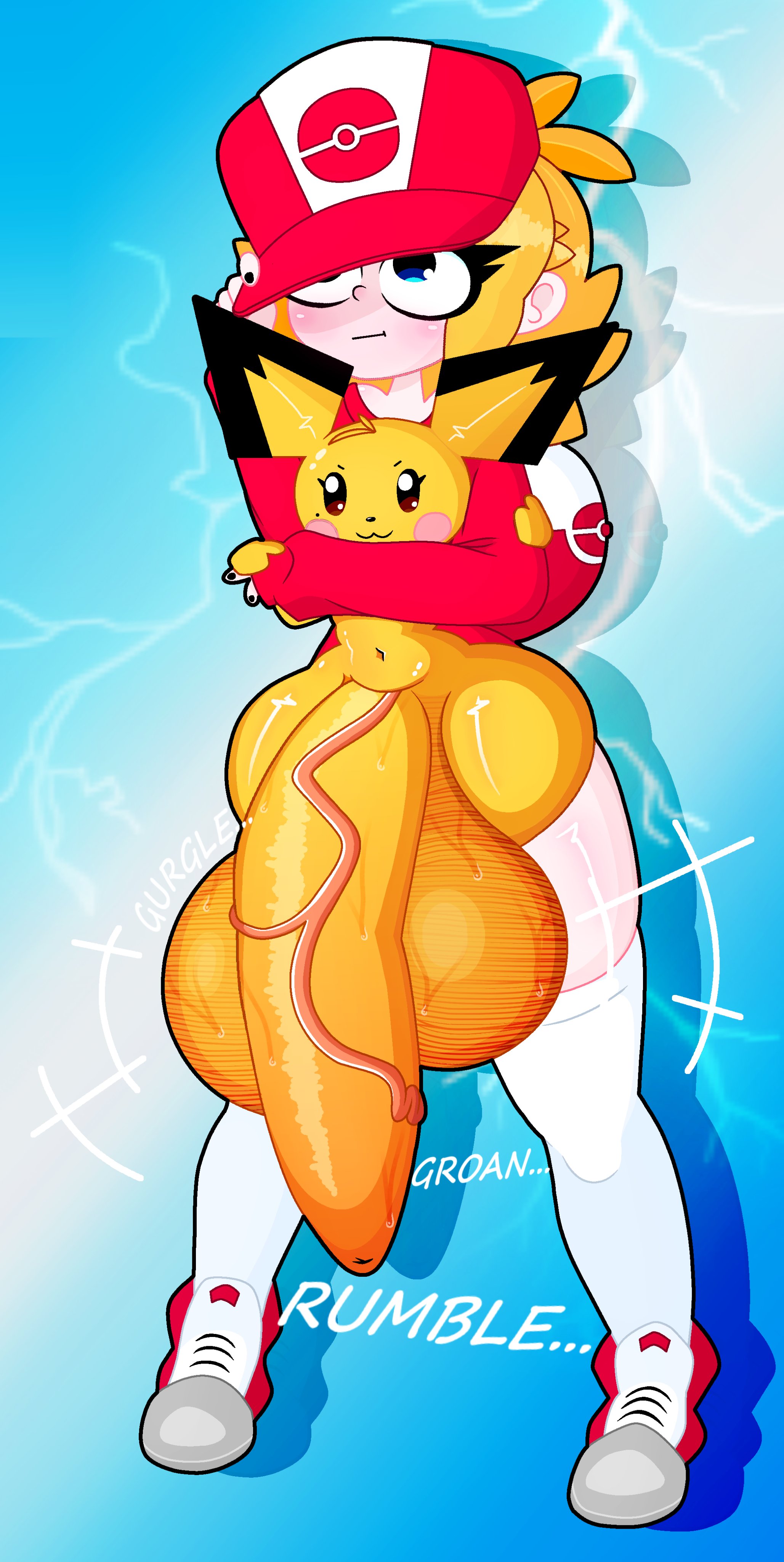 :3, balls, blonde, blue background, blue eyes, blush, blush stickers, bodily fluids, cute, duo, female, femboy, genital expansion, genital growth, genital growth (enlargement), glistening, growing, highres, huge balls, huge cock, huge testicles, hyper genitalia, hyper penis, lighting, male, navel, nintendo, nude male clothed female, onomatopoeia, penis, penis expansion, penis growth, penis growth (enlargement), pichu, pokeball, pokemon, red clothing, senor9, small but hung, sweat, testicles, thick thighs, thighhighs, trainer, veiny penis