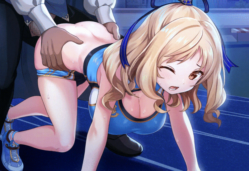 1boy, 1girls, animated, blonde hair, breasts, brown eyes, doggy style, female, from behind, from behind position, hands on hips, large breasts, male, on all fours, one eye closed, open mouth, shorts down, tenkei paradox