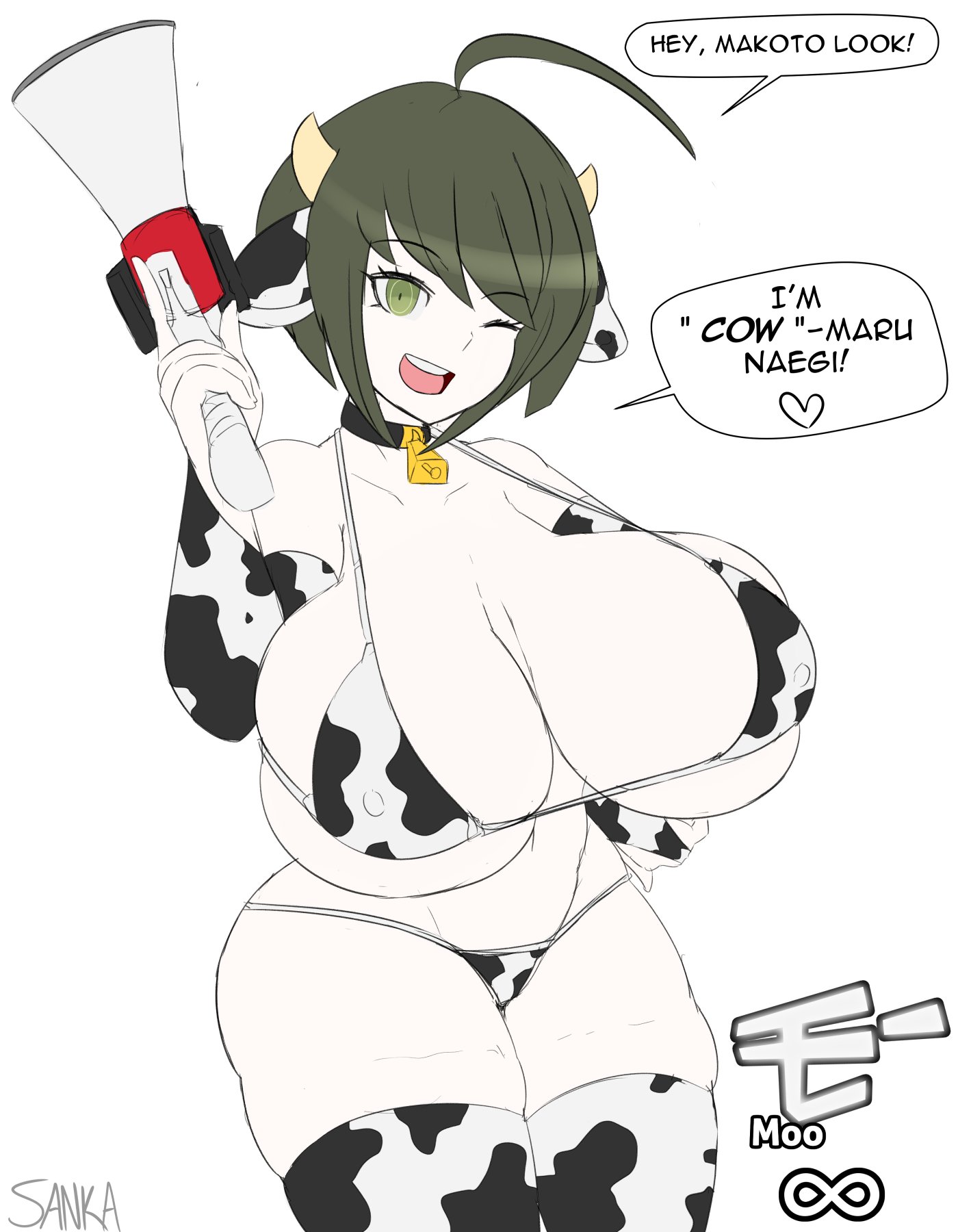 1girls, arm gloves, bikini, breasts, bursting breasts, cow bell, cow girl, cow print, cow print armwear, cow print bikini, cow print thighhighs, danganronpa, danganronpa ultra despair girls, dialogue, elbow gloves, female, huge breasts, implied incest, naegi komaru, sanka-tetsu, short hair, solo, solo female, straight hair, thick thighs, thighhighs