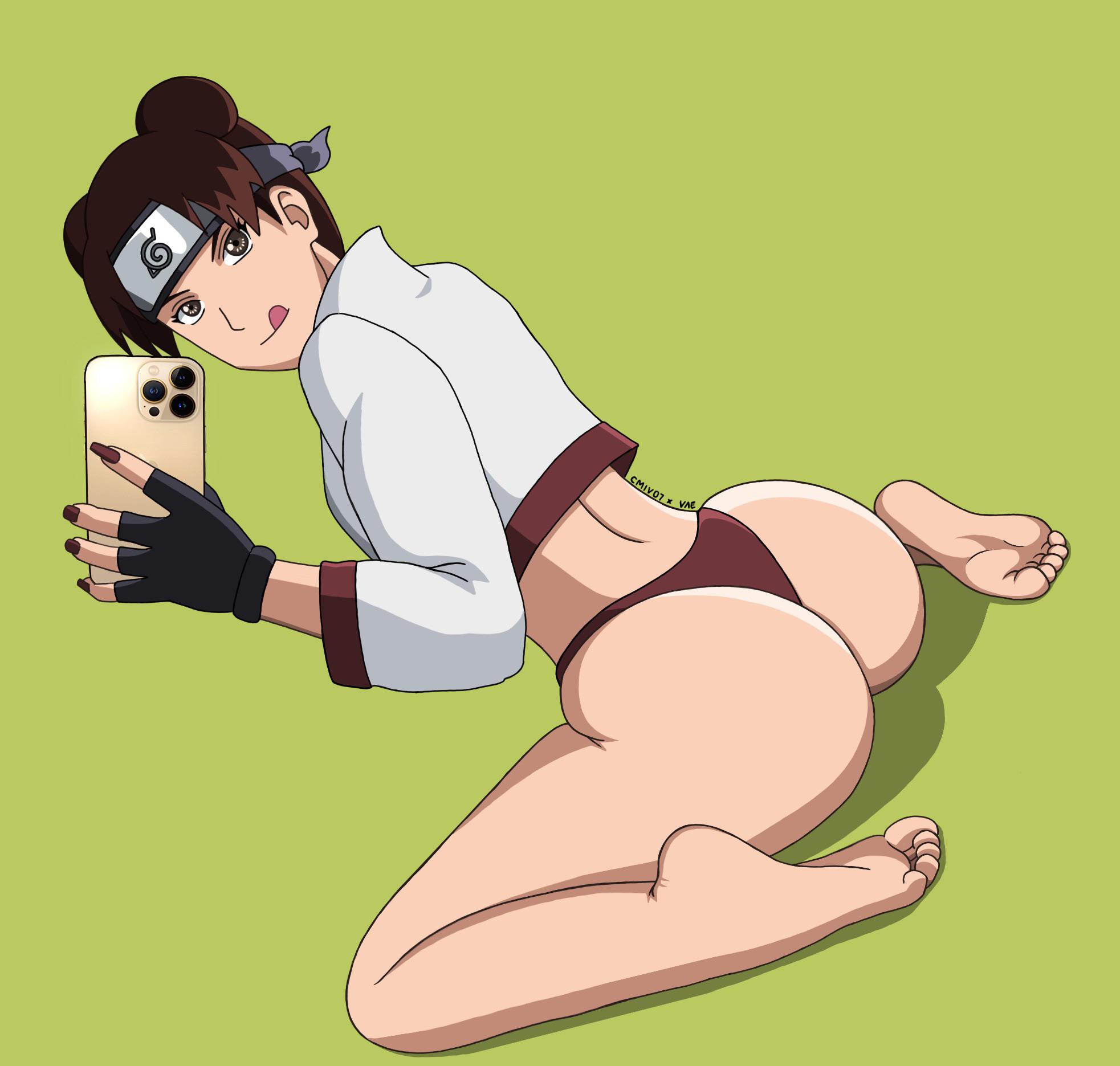 1girls, ass, barefoot, big ass, bottomless, cellphone, cmiv07, crop top, double bun, feet, female, female only, fingerless gloves, fingernail polish, from behind, gloves, hair bun, holding object, kunoichi, long fingernails, looking at viewer, looking back, nail polish, naruto, naruto (series), naruto shippuden, ninja, on floor, panties, phone, pose, posing, presenting, presenting ass, red nail polish, red nails, round ass, selfie, shirt, soles, solo, solo focus, sticking out tongue, teenage female, teenager, tenten, toes, tongue, tongue out, twin buns