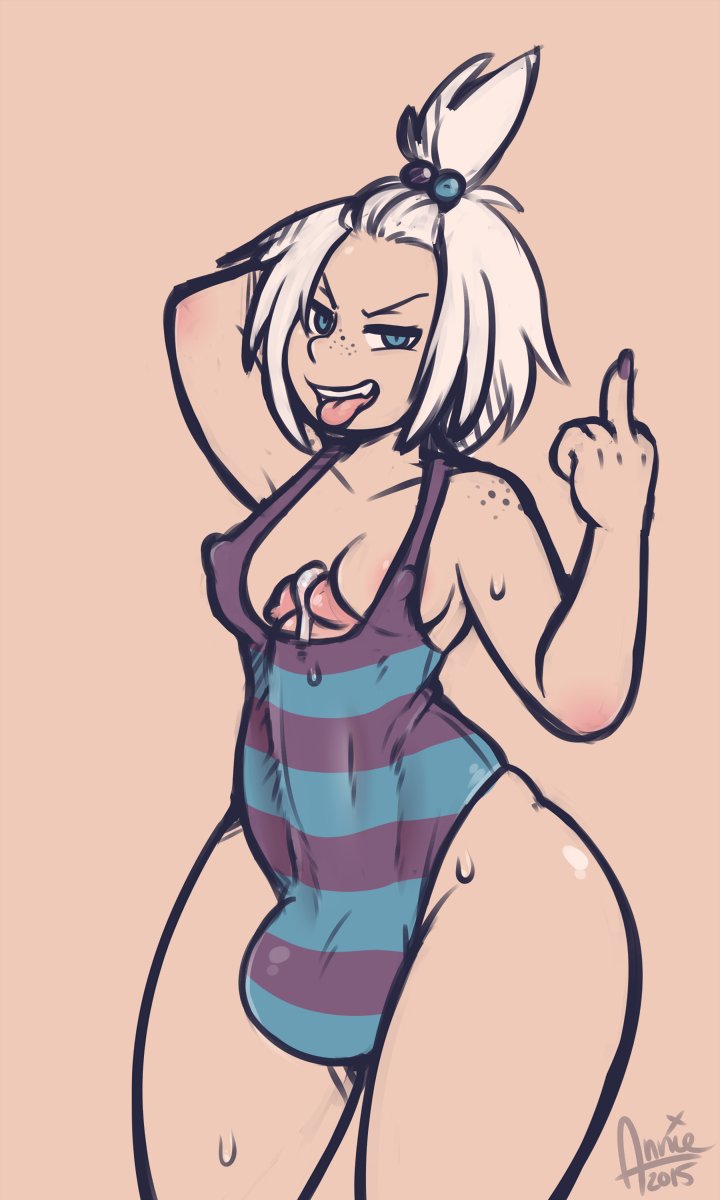 1futa 2015 balls big_breasts big_hips breasts bulge clothed clothing dated erection_under_clothes eripuppy futa_only futanari huge_cock human medium_breasts middle_finger mostly_clothed partially_colored penis pokemon precum roxie_(pokemon) short_hair spot_color standing swimsuit thick_thighs tongue tongue_out white_hair wide_hips