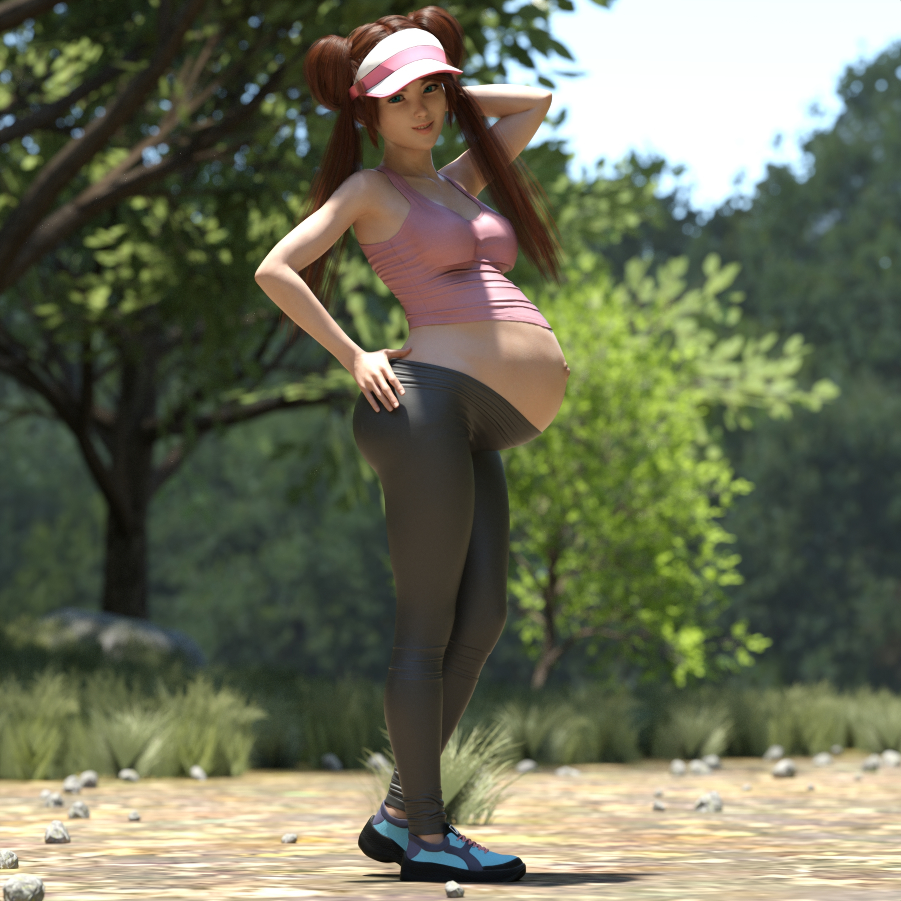 1girls, 3d, belly, big belly, brown hair, female, pokemon, pregnant, rosa (pokemon), sandsage, solo female, tank top, twintails