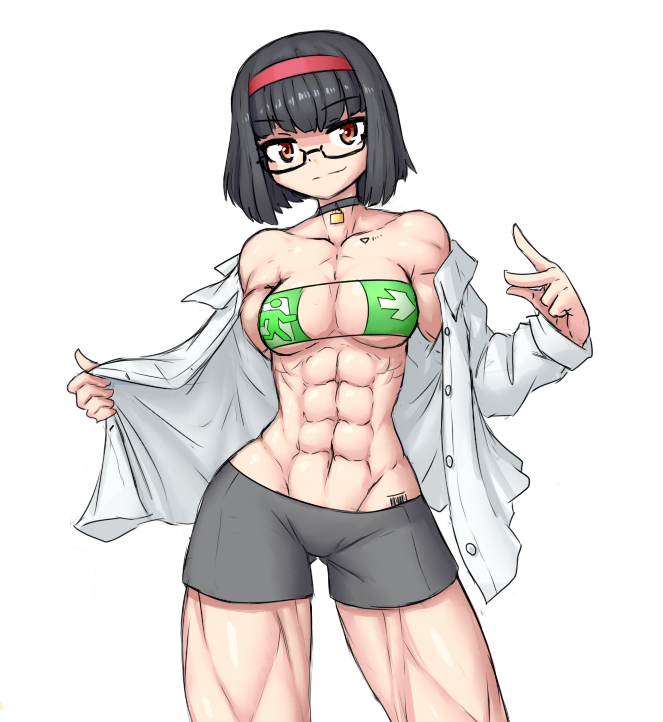 1girls abs biceps bikini_top black_hair bra choker eyepatch_bikini female_only glasses muscular_arms muscular_female muscular_legs muscular_thighs navel open_shirt sheepapp shirt short_hair shorts six_pack solo