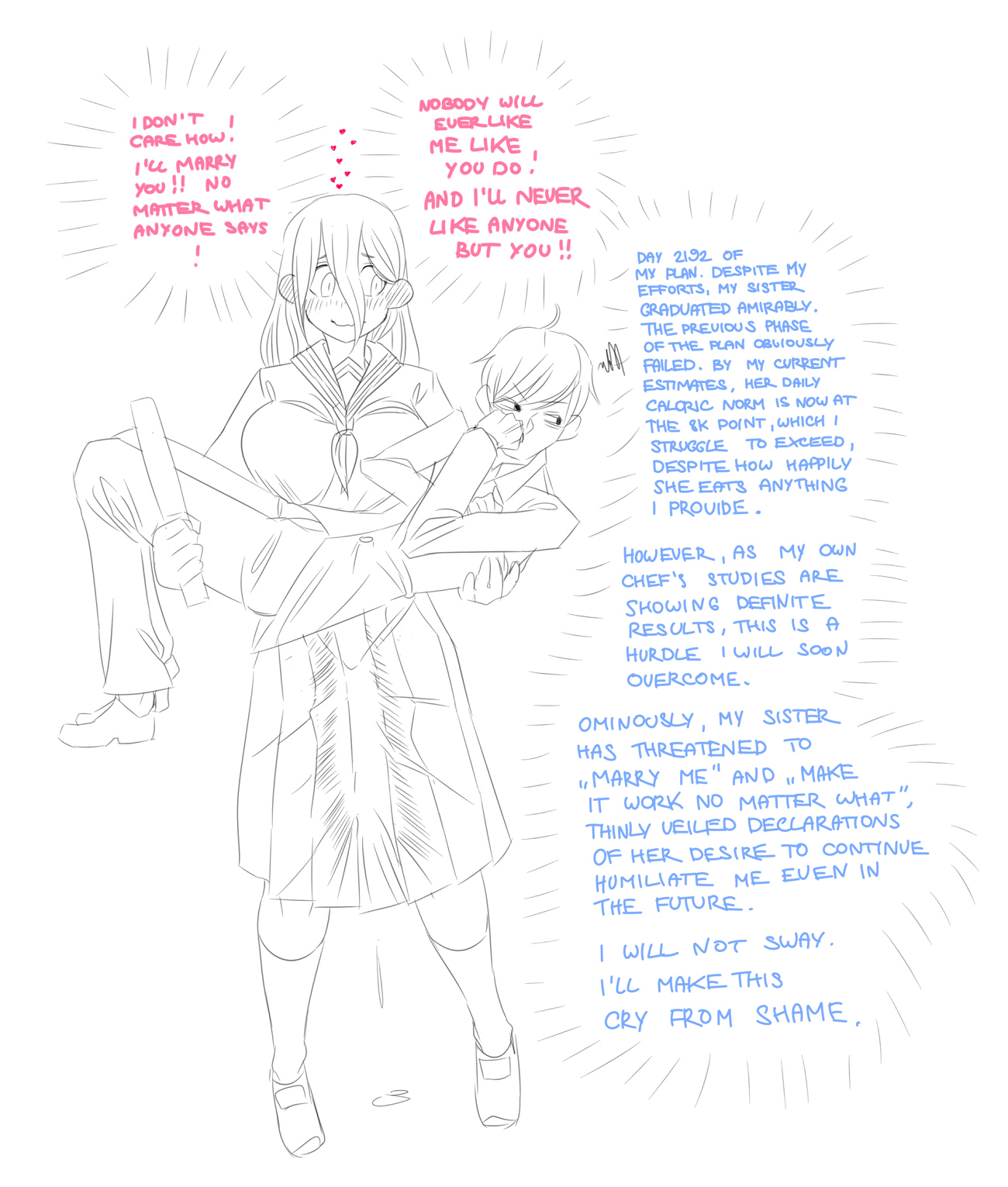 1boy, 1futa, 2022, ahoge, blazer, blush, breasts, brother, brother and sister, bulge, carrying, clothed, clothing, dialogue, duo, english text, erection, fully clothed, futa with male, futanari, gigantic penis, greyscale, hearts around head, height difference, huge cock, human, implied futa, implied incest, in love, incest, infatuation, intersex, large breasts, long skirt, looking at another, male, monochrome, neckerchief, pants, panzermeido, penis, precum, precum drip, princess carry, school uniform, secunduspublius, shirt, shorter male, siblings, simple background, sister, sketch, skirt, smile, standing, taller futa, text, unaware, white background