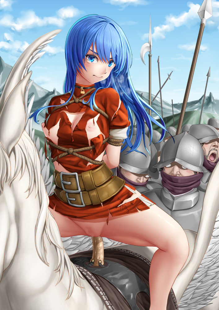 1girls angry arms_behind_back bare_legs blue_eyes blue_hair bondage bottomless breasts caeda_(fire_emblem) captured censored choker crying crying_with_eyes_open defeated dildo dildo_saddle female female_focus femsub fire_emblem fire_emblem:_mystery_of_the_emblem fire_emblem:_shadow_dragon_and_the_blade_of_light forced glaring heavy_breathing horse horseback_riding humiliation kasu_(kasunohikari) legs long_hair looking_at_viewer male maledom medium_breasts multiple_boys nintendo nipples outdoors pegasus princess public public_humiliation public_nudity pussy pussy_juice rape royalty saddle sex_toy soldier solo_focus spear spoils_of_war torn_clothes vaginal_penetration walk_of_shame weapon