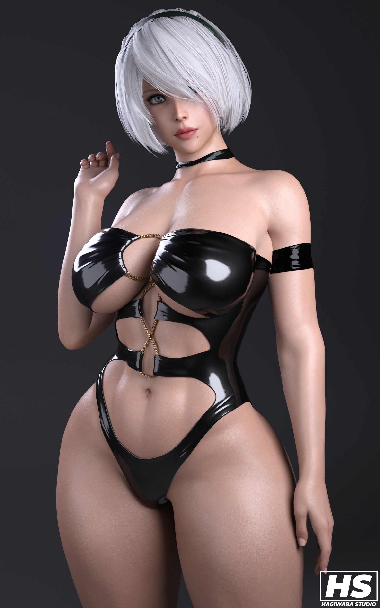 1girls, 3d, abs, big breasts, breasts, eyepatch, female, female only, fit, fit female, hagiwara studio, lingerie, nier, nier: automata, thick thighs, white hair, yorha 2b