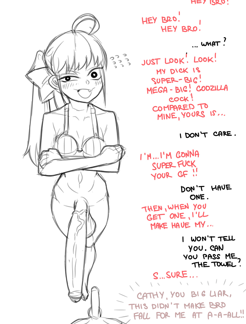 1boy, 1futa, 2022, ahoge, balls, ballsack, big balls, big penis, big testicles, bottomless, bra, breasts, brother and sister, clothed, clothing, crossed arms, curvy, dialogue, embarrassed, erection, foreskin, foreskin folds, futa focus, futa is bigger, futanari, glass cannon, hairbow, high-angle view, huge cock, huge penis, human, incest, intersex, large balls, long hair, male, mostly nude, panzermeido, partially retracted foreskin, penis, ponytail, retracted foreskin, scrotum, secunduspublius, shaved crotch, simple background, sister, sketch, small breasts, small penis, small penis humiliation, smile, smug, solo, solo futa, squatting, sweatdrop, teasing, testicles, text, uncensored, uncircumcised, uncut, uneven eyes, veiny penis, white background