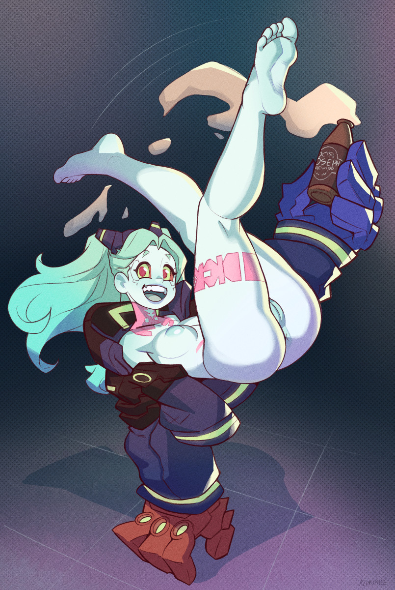 1girls, anus, ass, barefoot, beer, beer bottle, body markings, bottle, breasts, cybernetics, cyberpunk 2077, cyberpunk: edgerunners, cyborg, eye contact, female, female only, green eyes, happy, klimspree, looking at viewer, pussy, rebecca (edgerunners), red sclera, robotic arm, small eyebrows, small nose, smaller female, solo, solo female, thighs, twintails