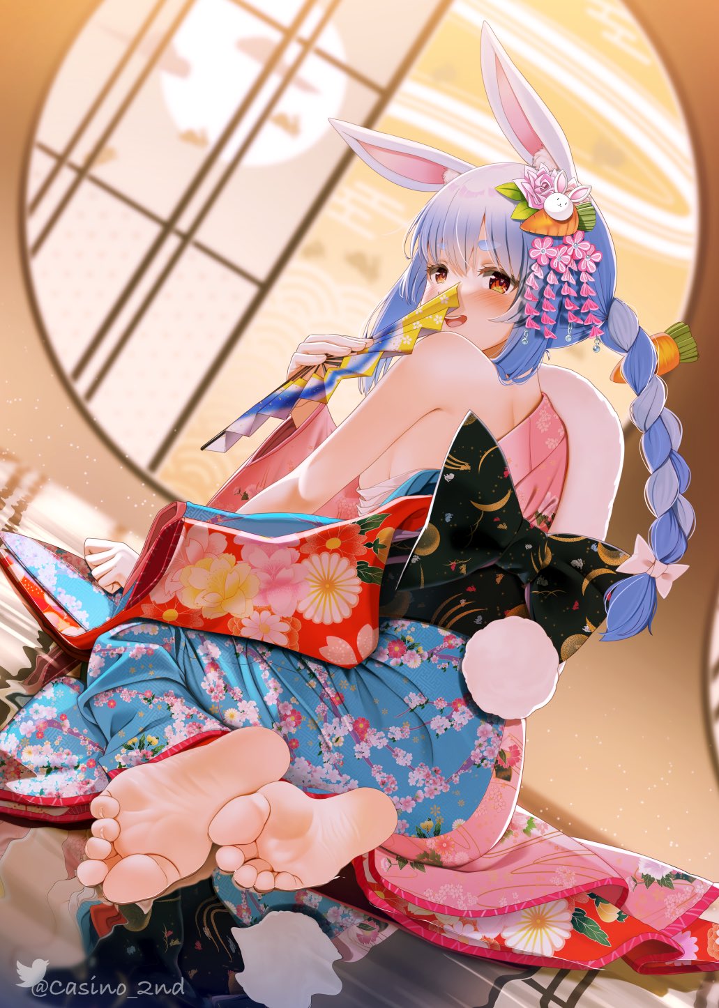 barefoot, braid, braided hair, casino (casinoep), fan, feet, feet together, female, foot fetish, foot focus, greek toe, hololive, hololive fantasy, hololive japan, long hair, looking at viewer, looking back, soles, toe scrunch, toes, usada pekora, virtual youtuber, watermark, yukata