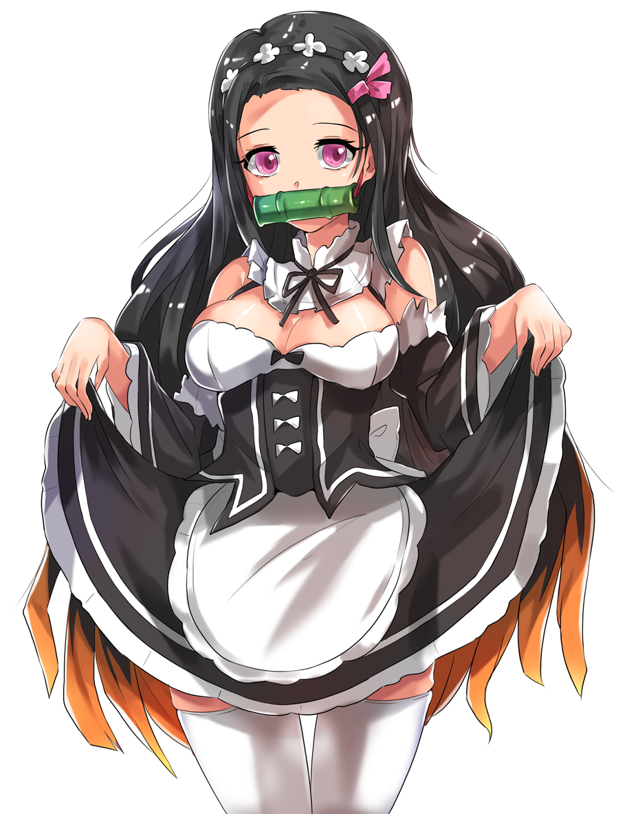 1girls, apron, bit gag, black hair, breasts, demon slayer, detached collar, dkflkkldf, dress lift, female, gag, gagged, kamado nezuko, kimetsu no yaiba, long hair, looking at viewer, maid, maid apron, maid headdress, maid uniform, medium breasts, multicolored hair, pink eyes, roswaal mansion maid uniform, thighhighs