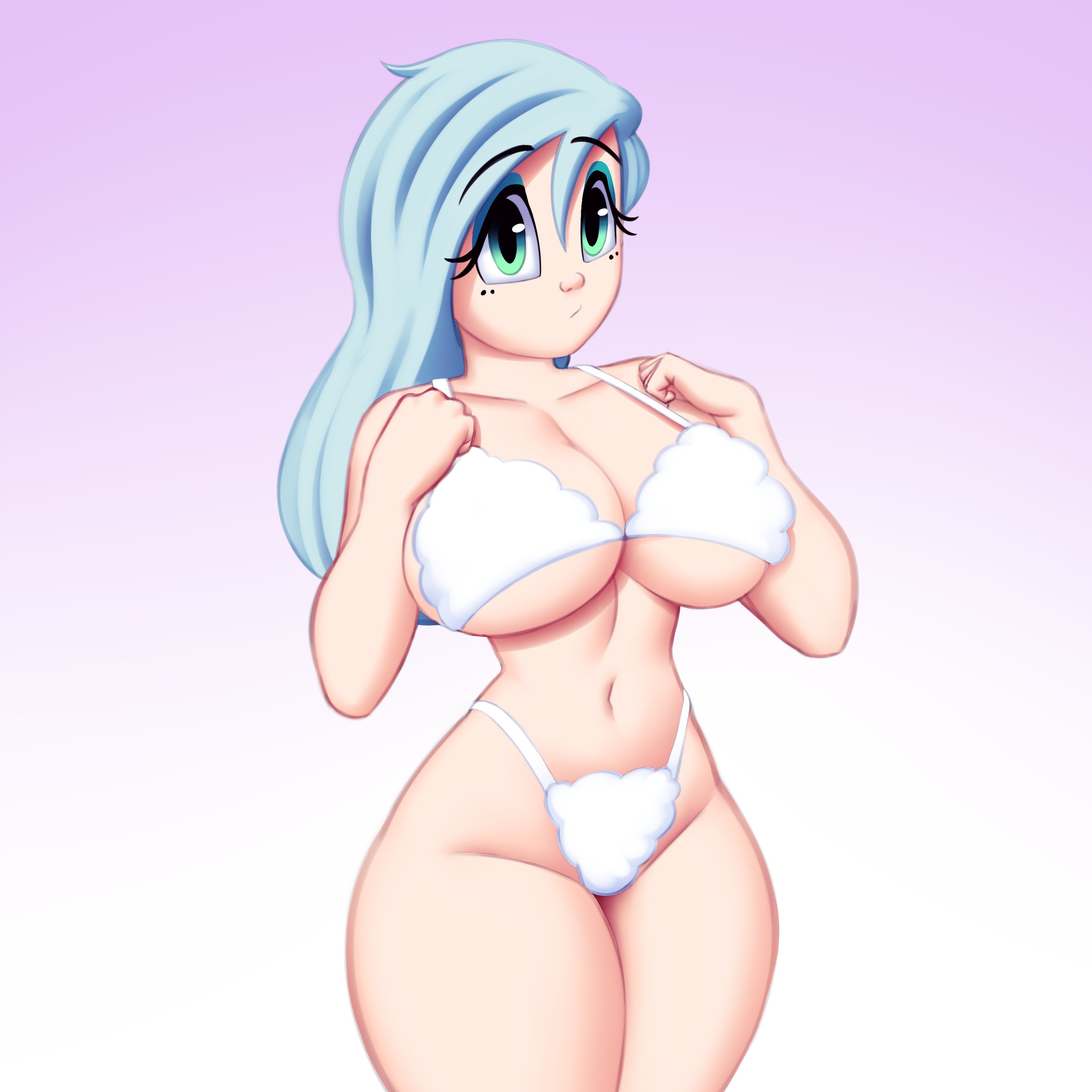 1girls, blue hair, bra, breasts, cassette (saymanart), cleavage, curvy, cute, eyebrows visible through hair, female, female only, huge breasts, long hair, navel, original, panties, saymanart, solo, tagme, thick thighs, underboob, white underwear, wide hips