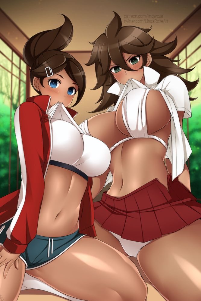 2019, 2girls, asahina aoi, blue eyes, blush, breasts, brown hair, danganronpa, danganronpa 2: goodbye despair, danganronpa: trigger happy havoc, dolphin shorts, female, female only, green eyes, hair between eyes, hair ornament, hairclip, human, jacket, large breasts, lindaroze, looking at viewer, midriff, multiple females, multiple girls, navel, owari akane, patreon username, pleated skirt, red jacket, red skirt, shiny, shiny hair, shiny skin, shirt, short shorts, shorts, skirt, straight hair, tomboy, track jacket, twitter username, two-tone bottomwear, two-tone bottomwear (blueandwhite), white shirt