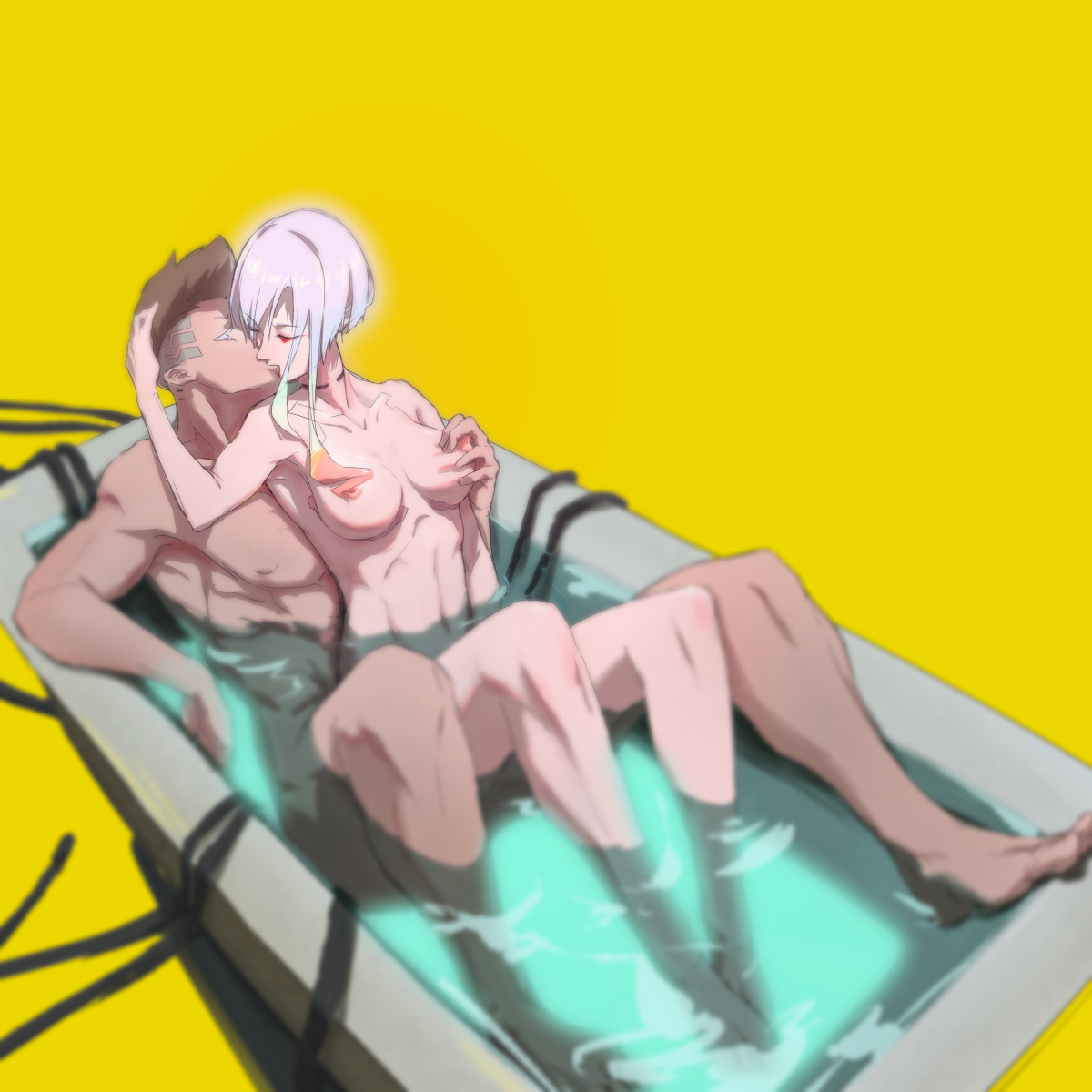 1boy, 1girls, asian, asian female, bathing, bathroom, bathtub, breasts, canon couple, cd projekt red, completely nude, cyberpunk 2077, cyberpunk: edgerunners, david martinez (edgerunners), female, hand on breast, ice, ice bath, interracial, kissing, latino male, lucyna kushinada, male, navel, netflix, nipples, no source, nude, nude female, plantver, sex from behind, small nose, straight, studio trigger, tagme, water, white hair, wholesome