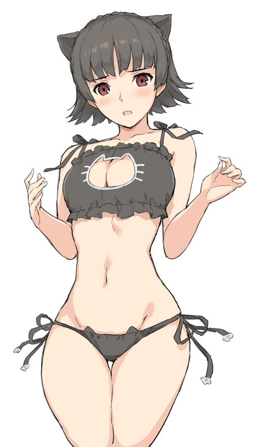 1girls black_bra black_hair black_lingerie black_panties bra breasts cat_ears cat_keyhole_bra cat_keyhole_lingerie cat_lingerie lingerie looking_at_viewer makoto_niijima medium_breasts morisawa_haruyuki navel panties persona persona_5 red_eyes short_hair side-tie_panties