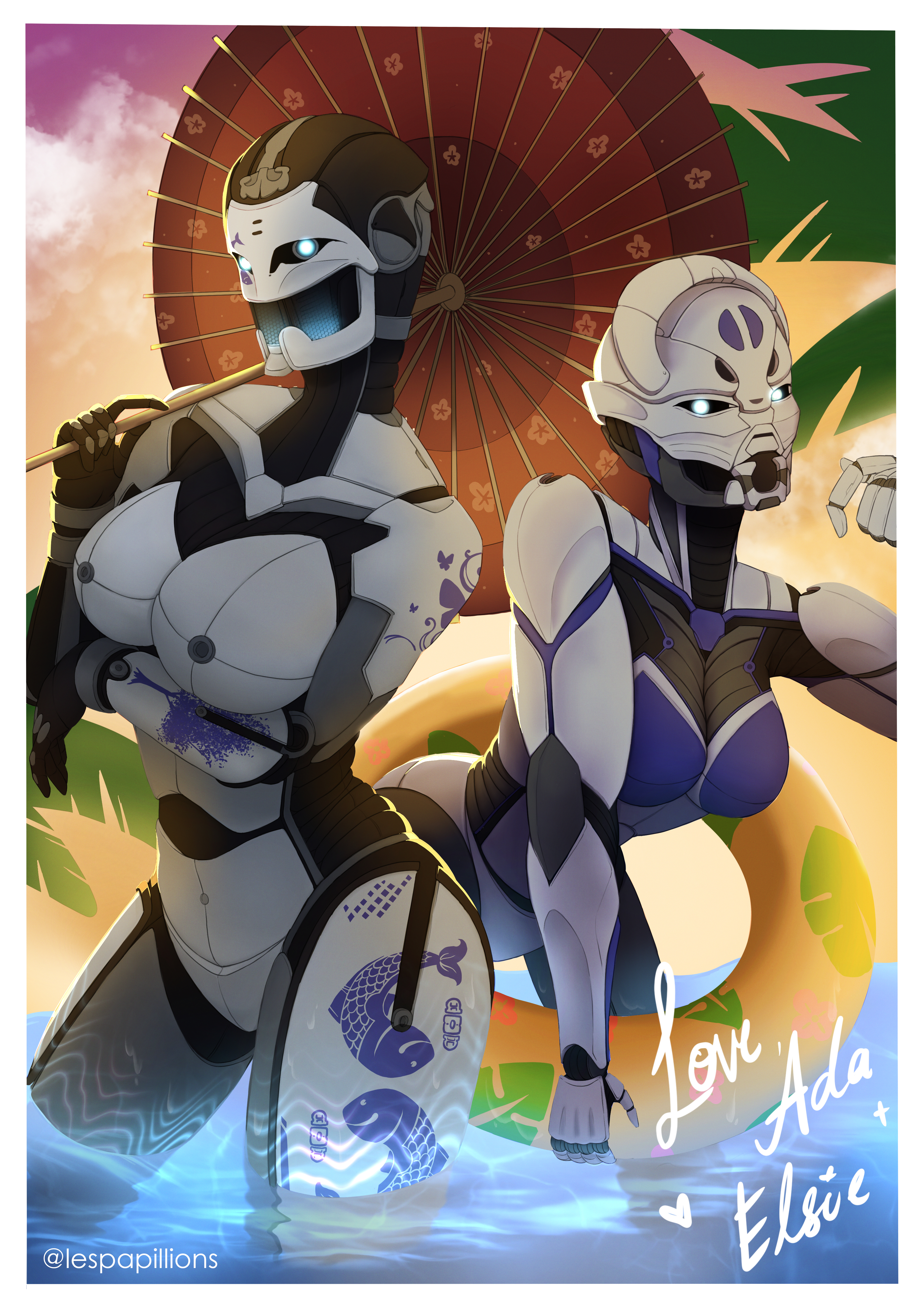 2girls, ada-1, beach, breasts, bungie, destiny (game), elsie bray, exo, exo stranger, female, female only, higher resolution duplicate, highres, looking at viewer, pumpkinunicorn, robot, robot girl, tagme