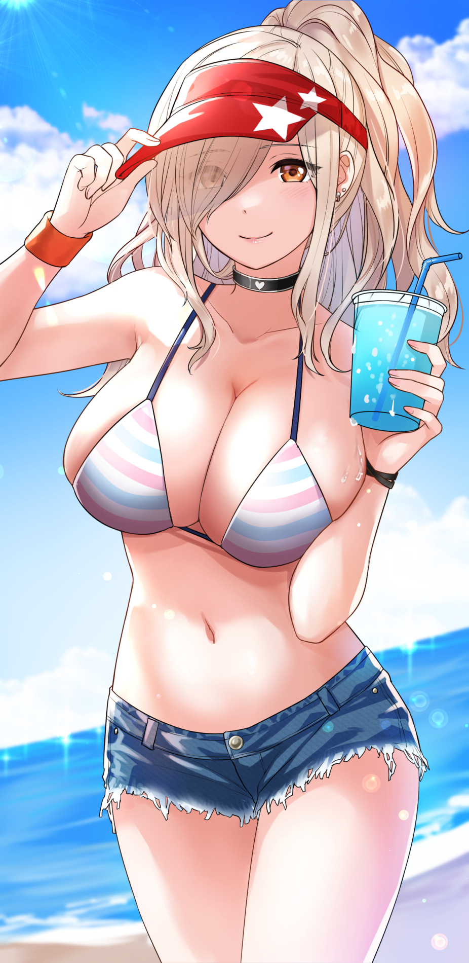 1girls beach bikini bikini_under_clothes blonde_hair breasts choker clouds drink drinking_straw earrings hair_over_one_eye heart_choker holding_drink jean_shorts large_breasts looking_at_viewer navel nino_(sunaba_suzume) ocean orange_eyes piyosuke_tmg ponytail shorts sky striped_bikini striped_swimsuit swimsuit swimsuit_under_clothes visor_cap water wristband