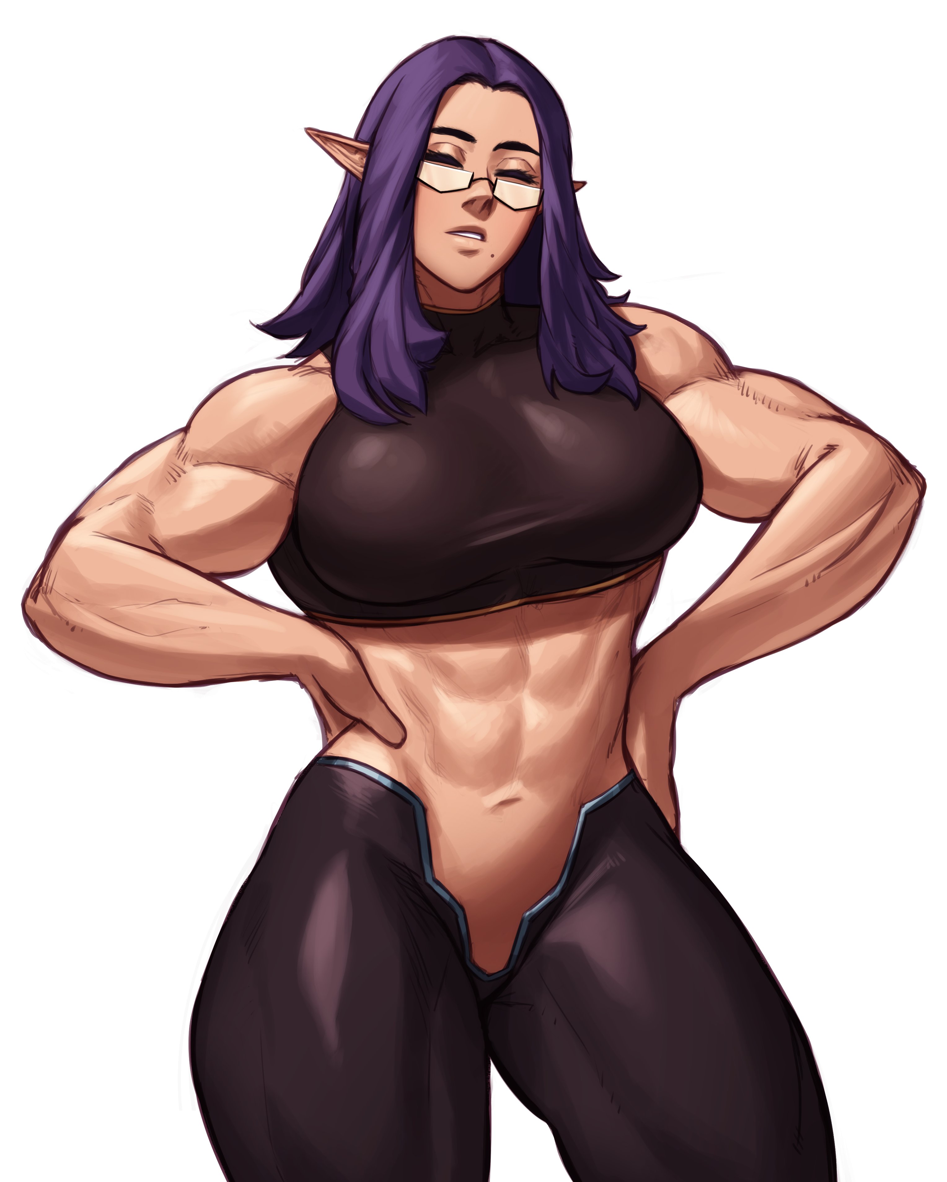 1girls, absurd res, big breasts, breasts, closed eyes, commission, elezen, female, female only, final fantasy, final fantasy xiv, glasses, hands on hips, long hair, mole, mole under mouth, muscles, muscular, muscular female, muscular thighs, pointy ears, purple hair, solo, solo female, sotcho, white background