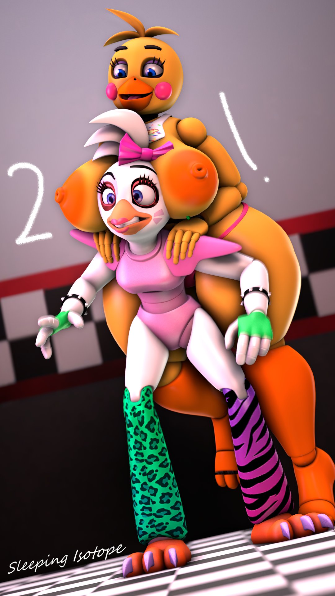 3d 3d_(artwork) big_breasts blue_eyes breasts coolioart feathers female/female five_nights_at_freddy's five_nights_at_freddy's:_security_breach fnaf glamrock_chica_(coolioart) glamrock_chica_(fnaf) purple_eyes scottgames sleeping_isotope steel_wool_studios toy_chica_(fnaf) white_feathers white_skin yellow_feathers yellow_skin