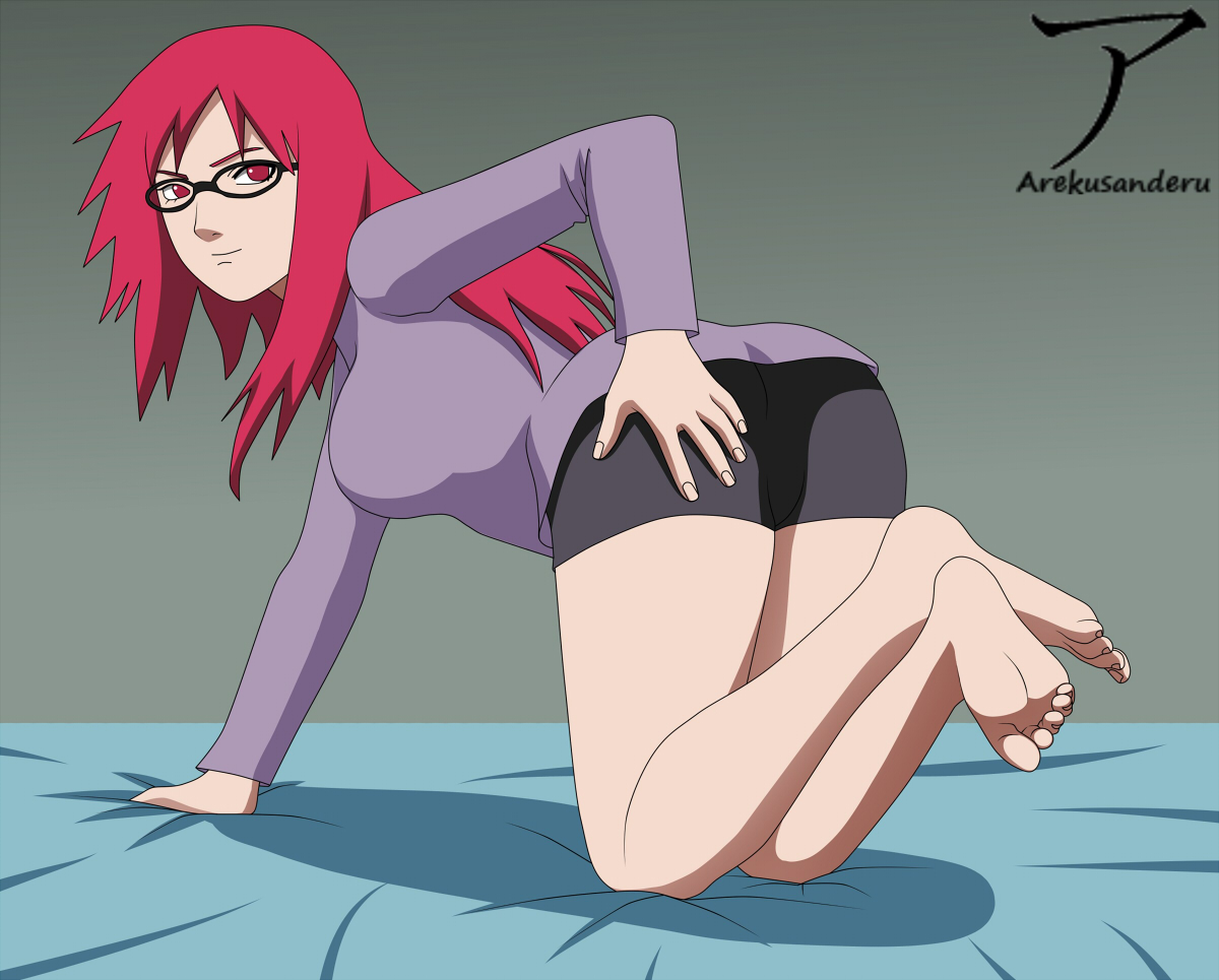 arekusanderu, ass, barefoot, bike shorts, feet, glasses, hand on ass, hand on butt, naruto, naruto (series), naruto shippuden, presenting ass, red eyes, red hair, smile, tagme, uzumaki karin