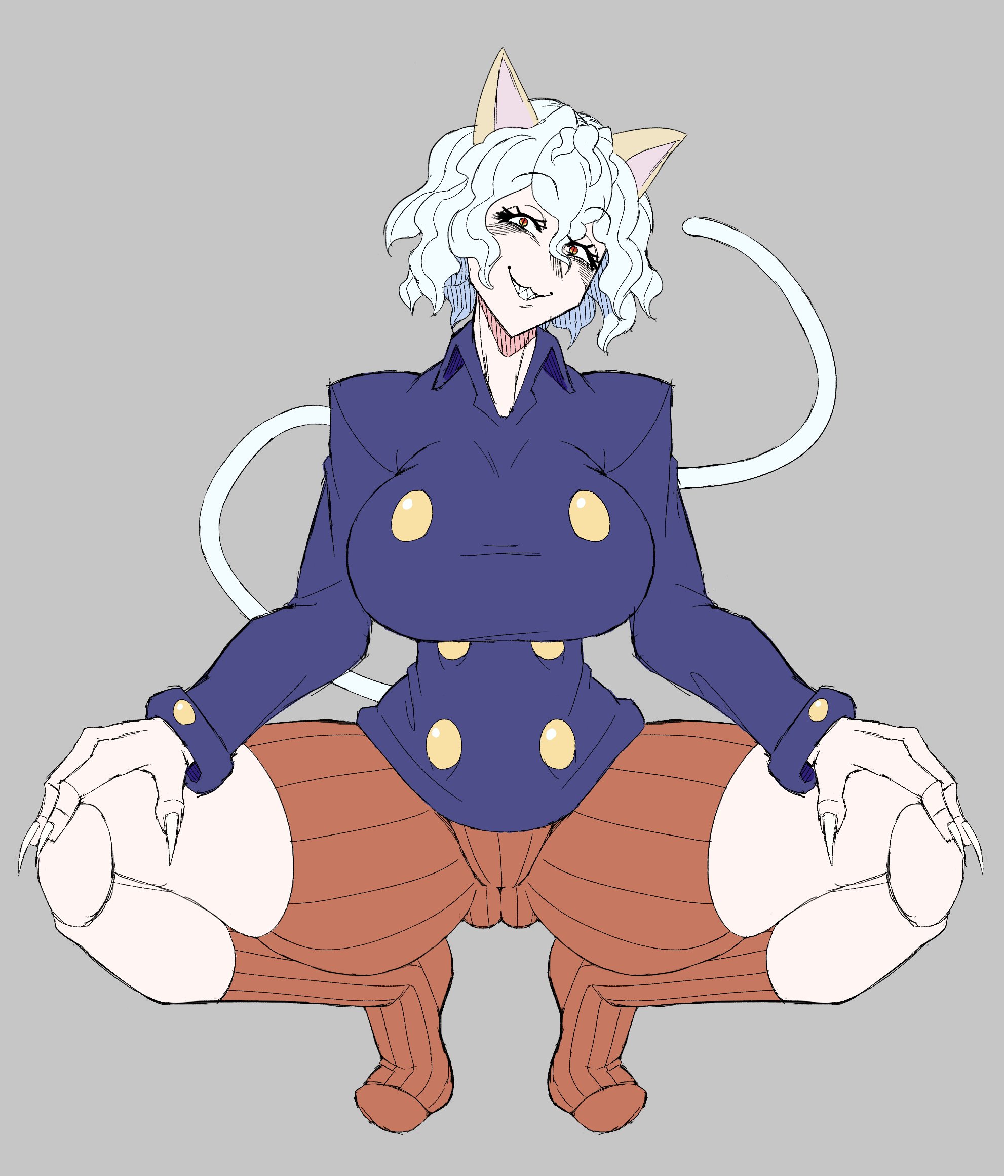 1girls, alternate ass size, alternate body type, alternate version available, big breasts, breasts, butt from the front, cat ears, fakkufakkufakku, female, fully clothed, huge breasts, hunter x hunter, light skin, light-skinned female, neferpitou, red eyes, seductive smile, smirk, solo, squatting, thick thighs, thin waist, white hair