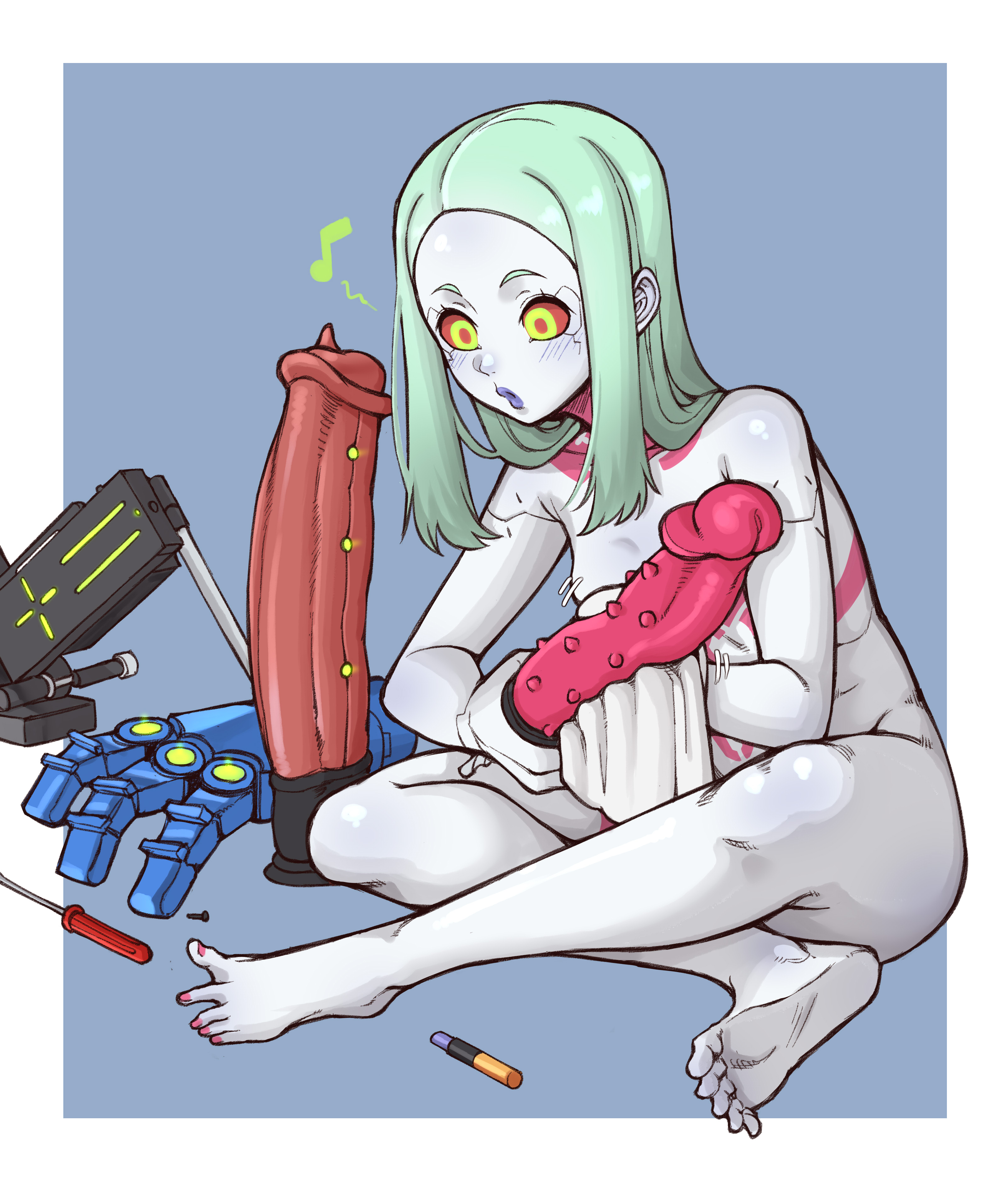1girls, animal dildo, big dildo, body markings, breasts, brown hair, cybernetics, cyberpunk 2077, cyberpunk: edgerunners, cyborg, dildo, ebonyxh, female, female only, green eyes, horsecock dildo, rebecca (edgerunners), red nails, red sclera, robotic arm, sex toy, sitting, small breasts, solo, solo female, thighs, uncensored