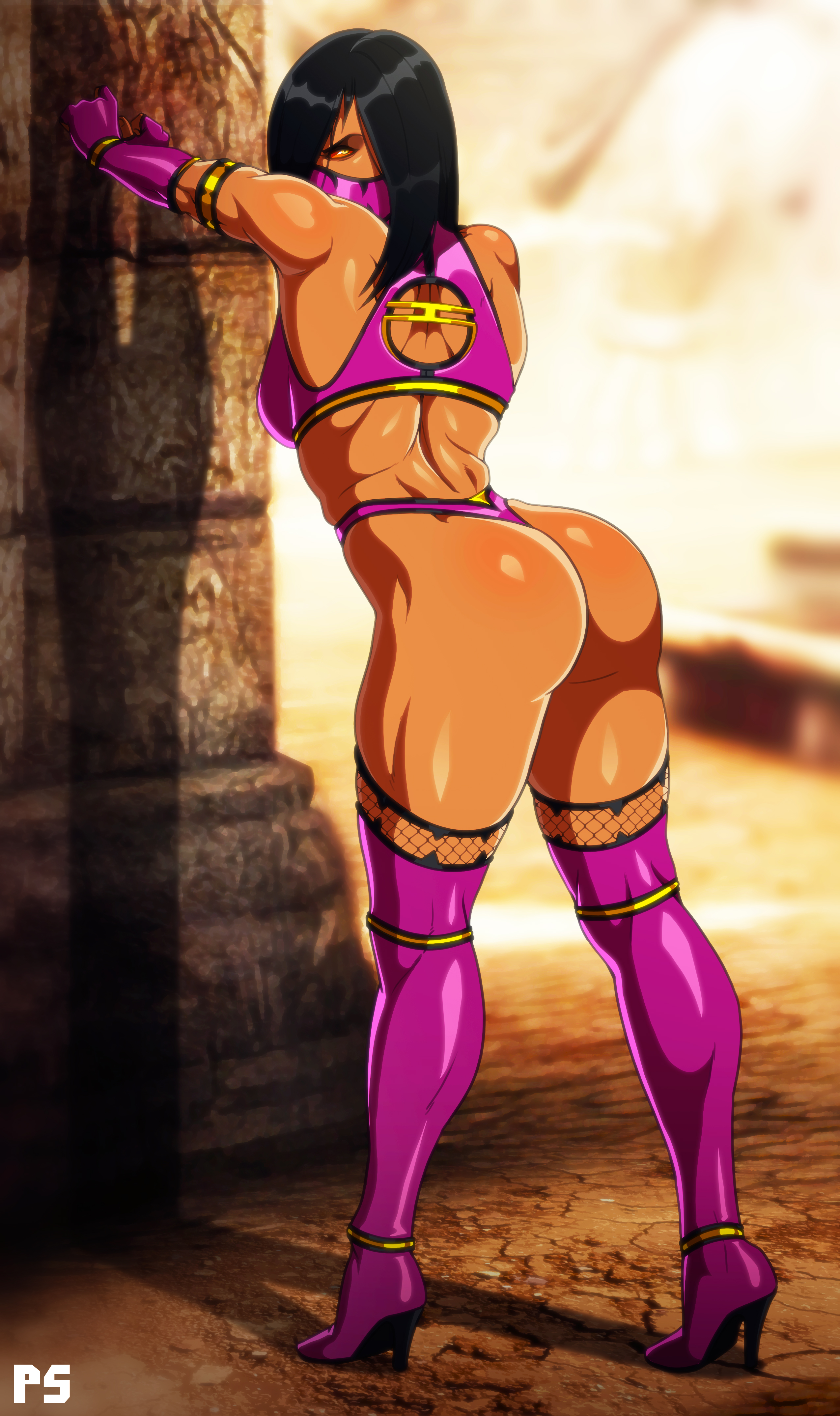 1girls, 2d, ass, big ass, bubble ass, bubble butt, female, glaring, mask, mileena, mileena (mk9), mortal kombat, mortal kombat (2011), presenting, presenting hindquarters, pumpkinsinclair, thick thighs, thighhighs
